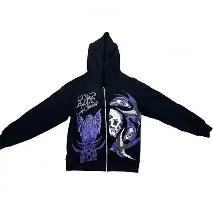 image of Vintage Rhinestone Gothic Print Zip Up Hoodie in Black, Men's (Size Large)