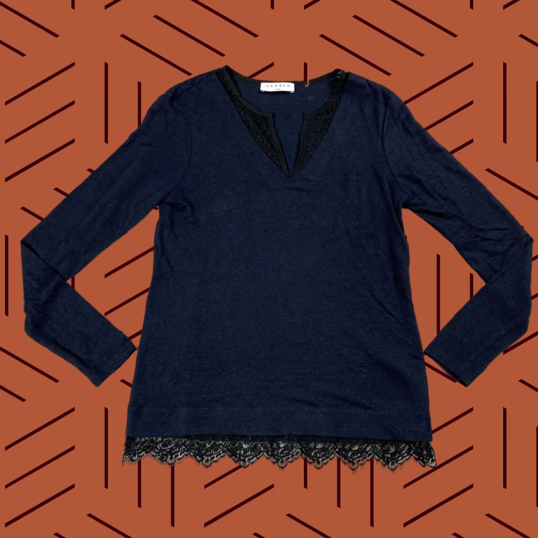 Sandro Sandro Paris Womens Linen Tunic Top Lace Trim Blue Black Long Sleeve Size 2 - Blouse, Tunic, Linen, Women, Regular Fit Size XS / US 0-2 / IT 36-38 - 1 Thumbnail