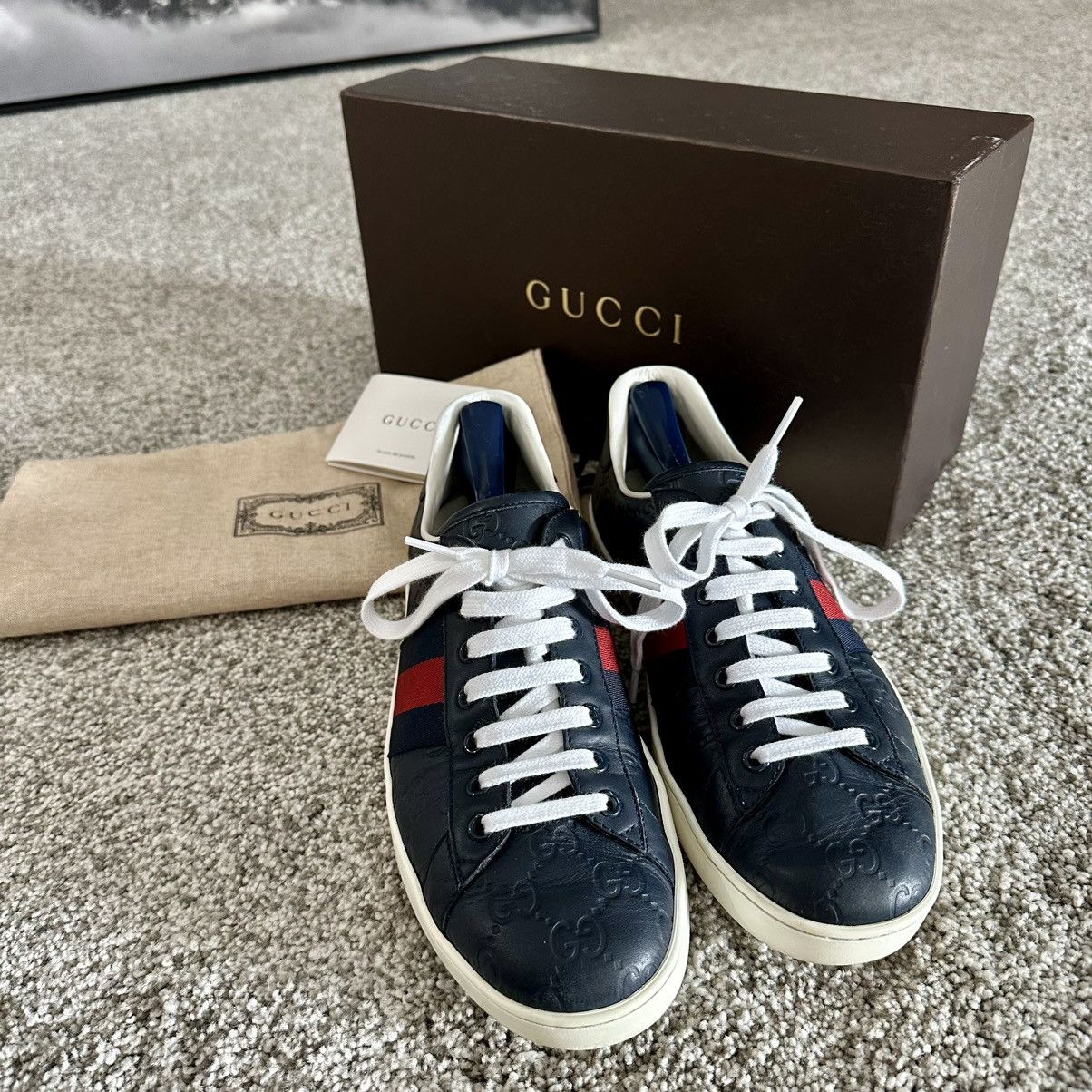 Gucci Gucci Ace Blue GG Monogram Leather Sneakers US9 EU42 UK8 Size US 9 / EU 42 - 1 Thumbnail