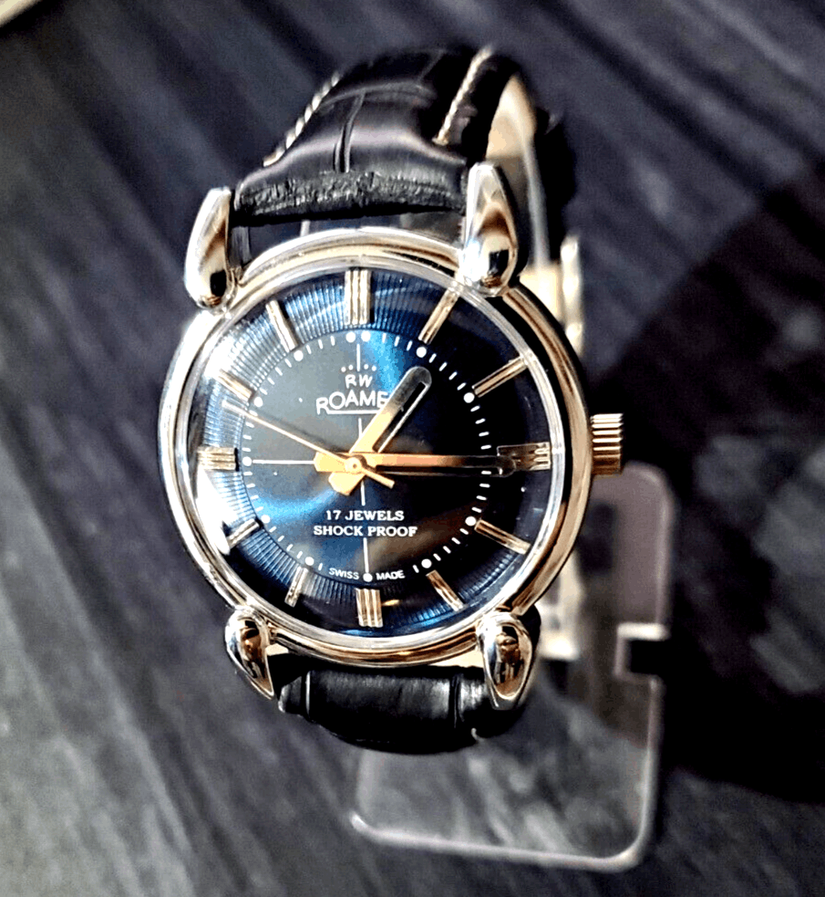 image of Roamers Roamer Brevete Mechanical Swiss Watch Silv-Blu-Blk in Black Leather, Men's