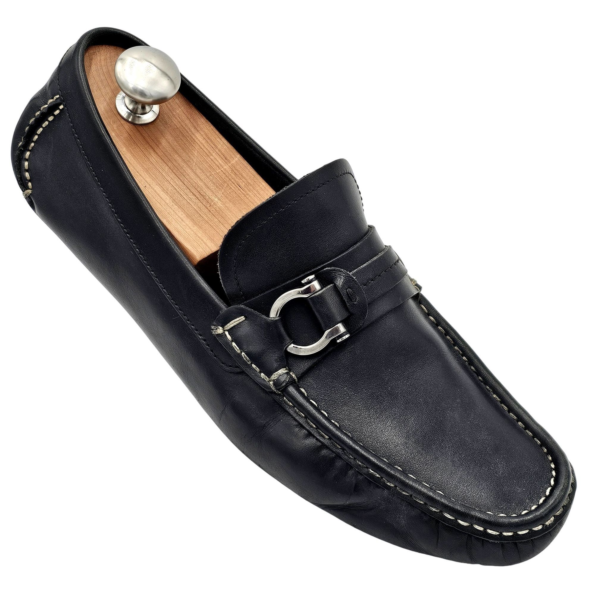 image of Italy Salvatore Ferragamo Mens 8 Italy Black Leather Gancini Shoes in Black Brown