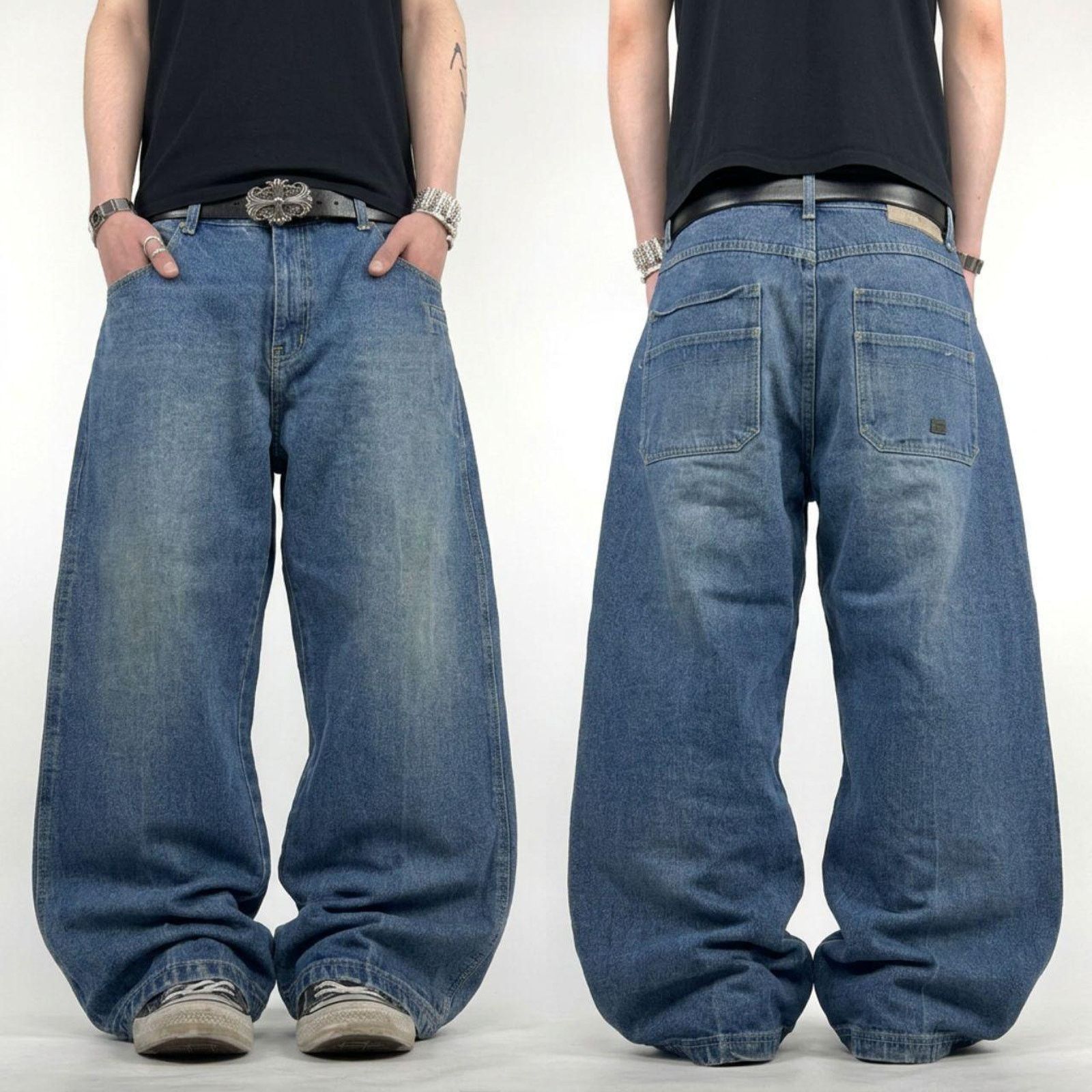 Vintage y2k stonewash embroidered grunge baggy wide leg jean