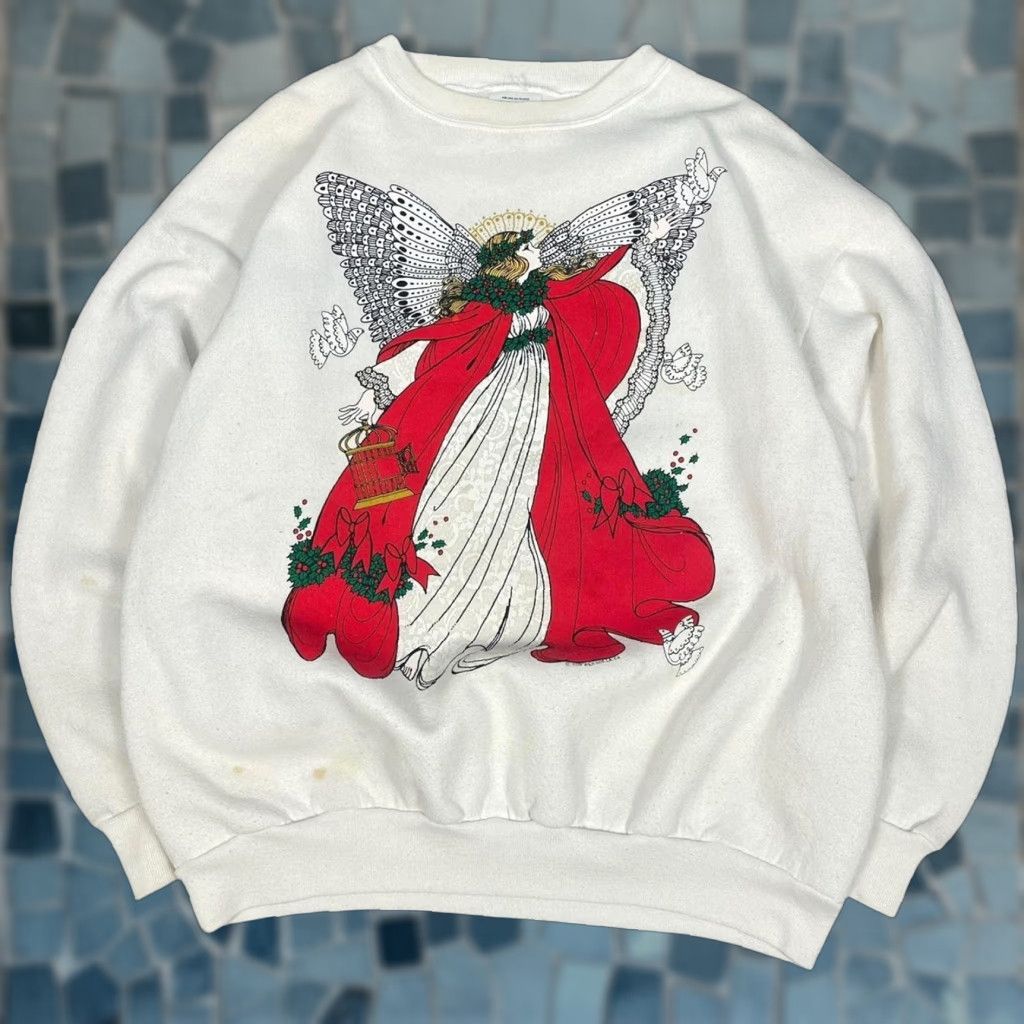 Tultex VINTAGE Sweatshirt Mens Large Angel Christmas Tultex Crewneck 90s Red and White Size US L / EU 52-54 / 3 - 1 Thumbnail