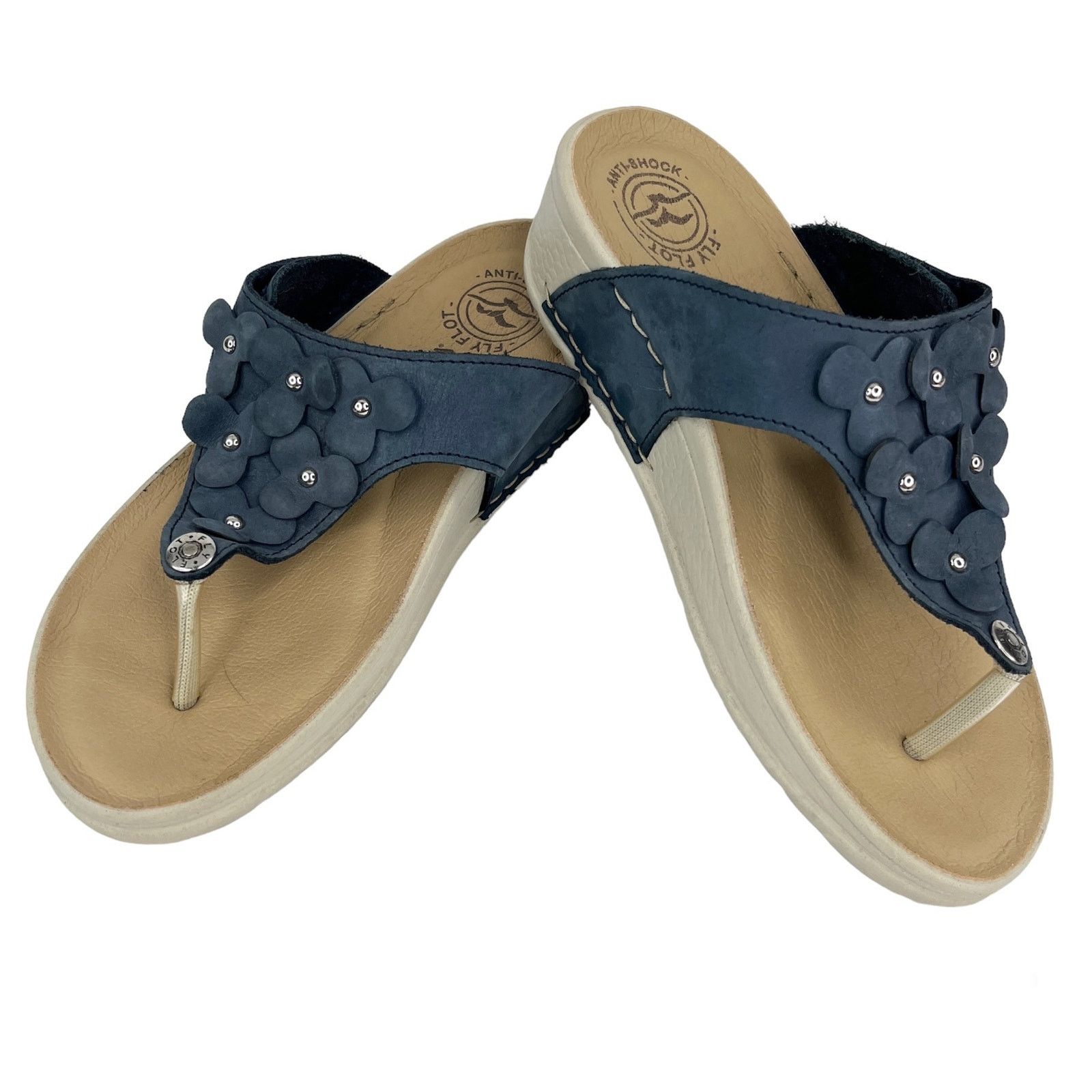 Fly Flot Blue Suede Flower Sandals Flip Flops 39 1.75" Heel Shoes, Women's (Size 7.5)