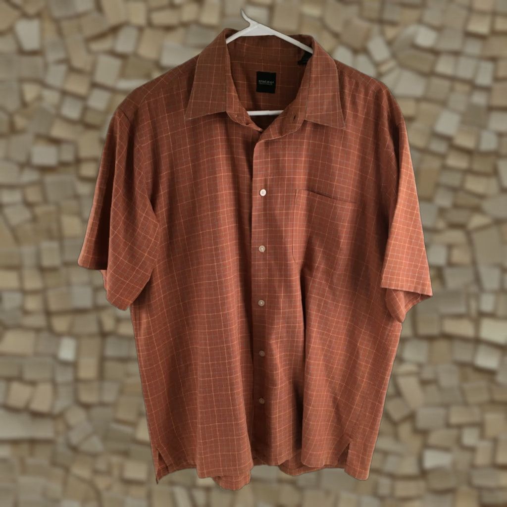 Vintage Slates Shirt Men's XL Button-Up Short Sleeve Check Pocket Reversible Care on Reverse Orange Cotton Polyester Size US XL / EU 56 / 4 - 1 Thumbnail