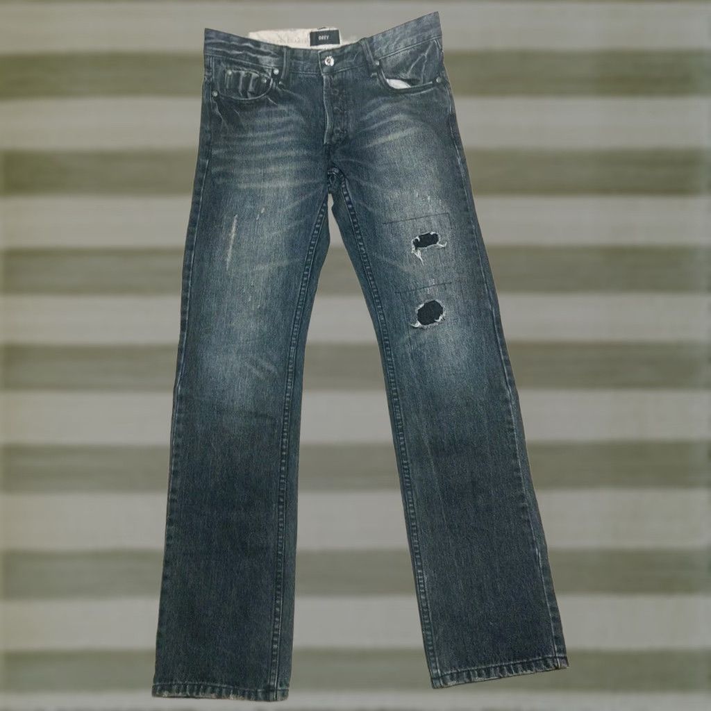 Obey OBEY Propaganda Jeans 28 30x32 Tight Straight Leg Distressed Denim Blue Women 90s Rise Mid 5-Pocket Jeans Size 28" / US 6 / IT 42 - 1 Thumbnail