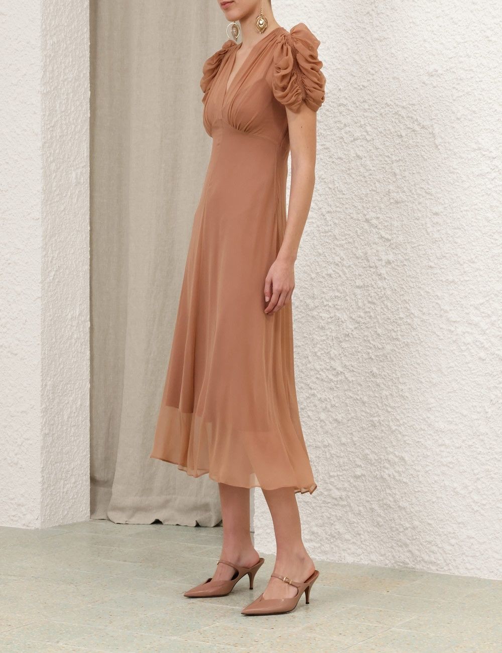 Zimmermann oc11z0825 Eden Gather Sleeve Midi Dress in Biscuit Size L / US 10 / IT 46 - 3 Thumbnail