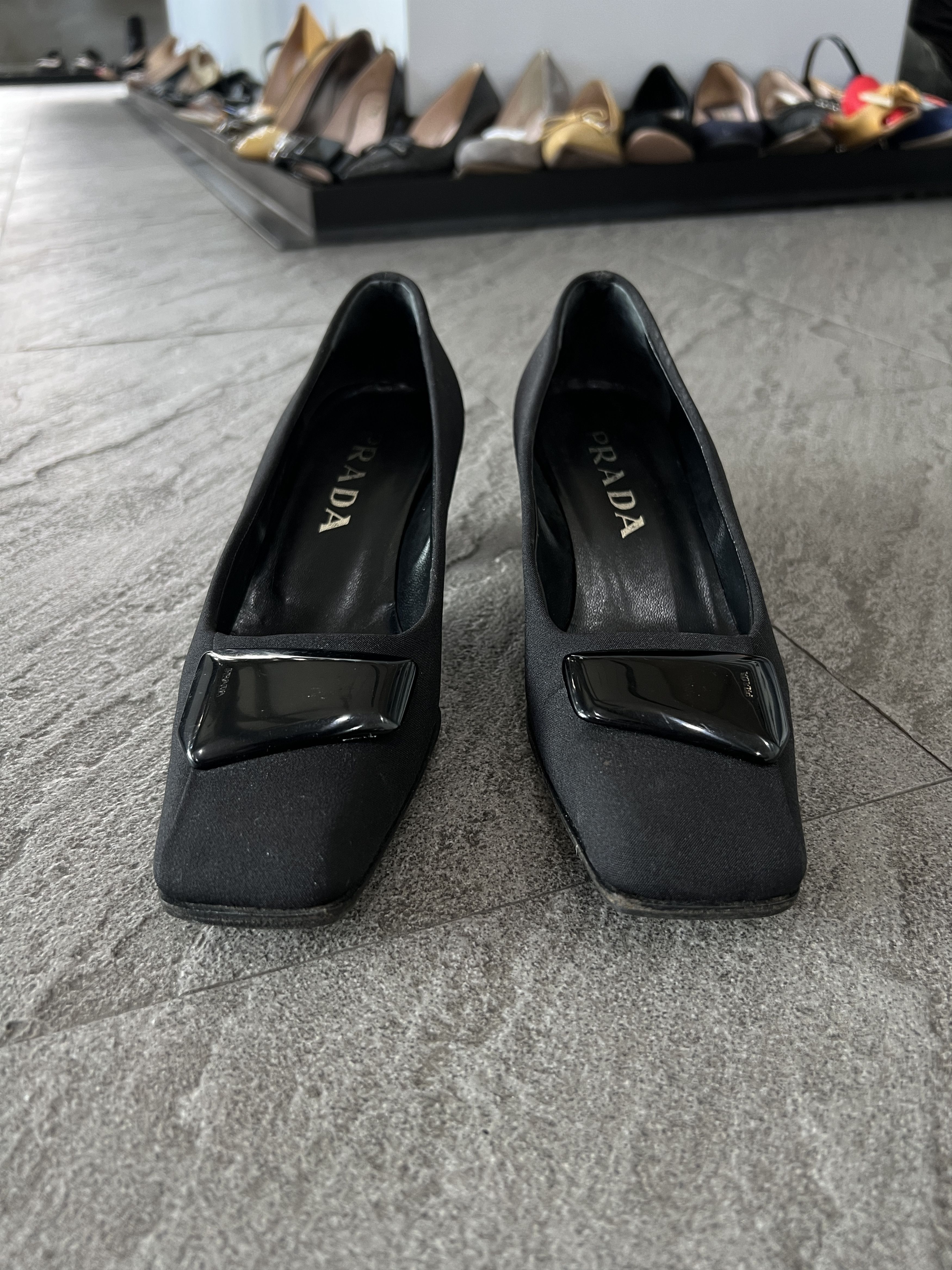 Prada Prada Black Satin Pumps Square Toe Logo Heels EU35 Size US 5 / IT 35 - 3 Thumbnail