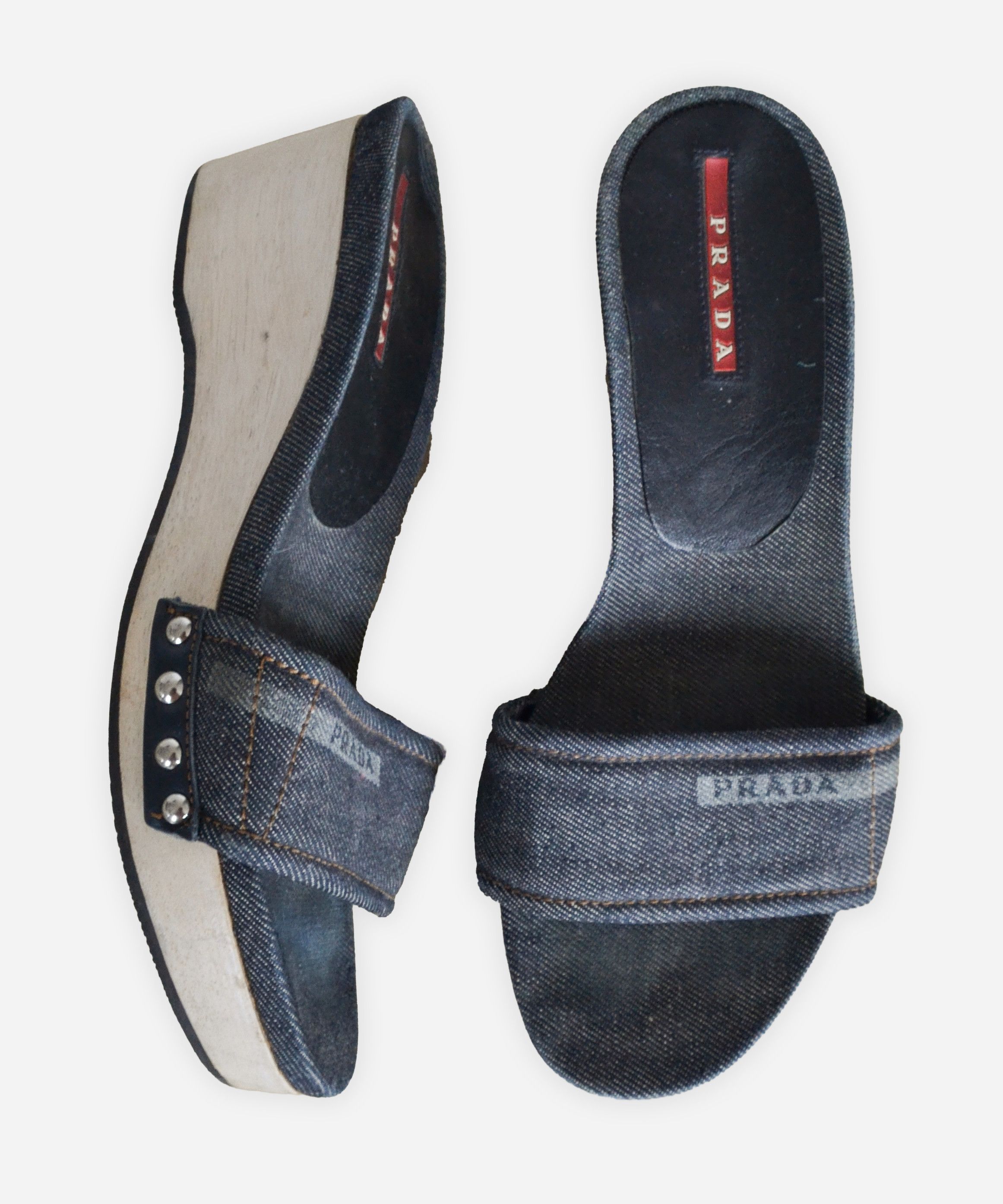Prada PRADA Slides Slippers Wedge Sandals Blue Logo Denim 90s Size US 6 / IT 36 - 1 Thumbnail