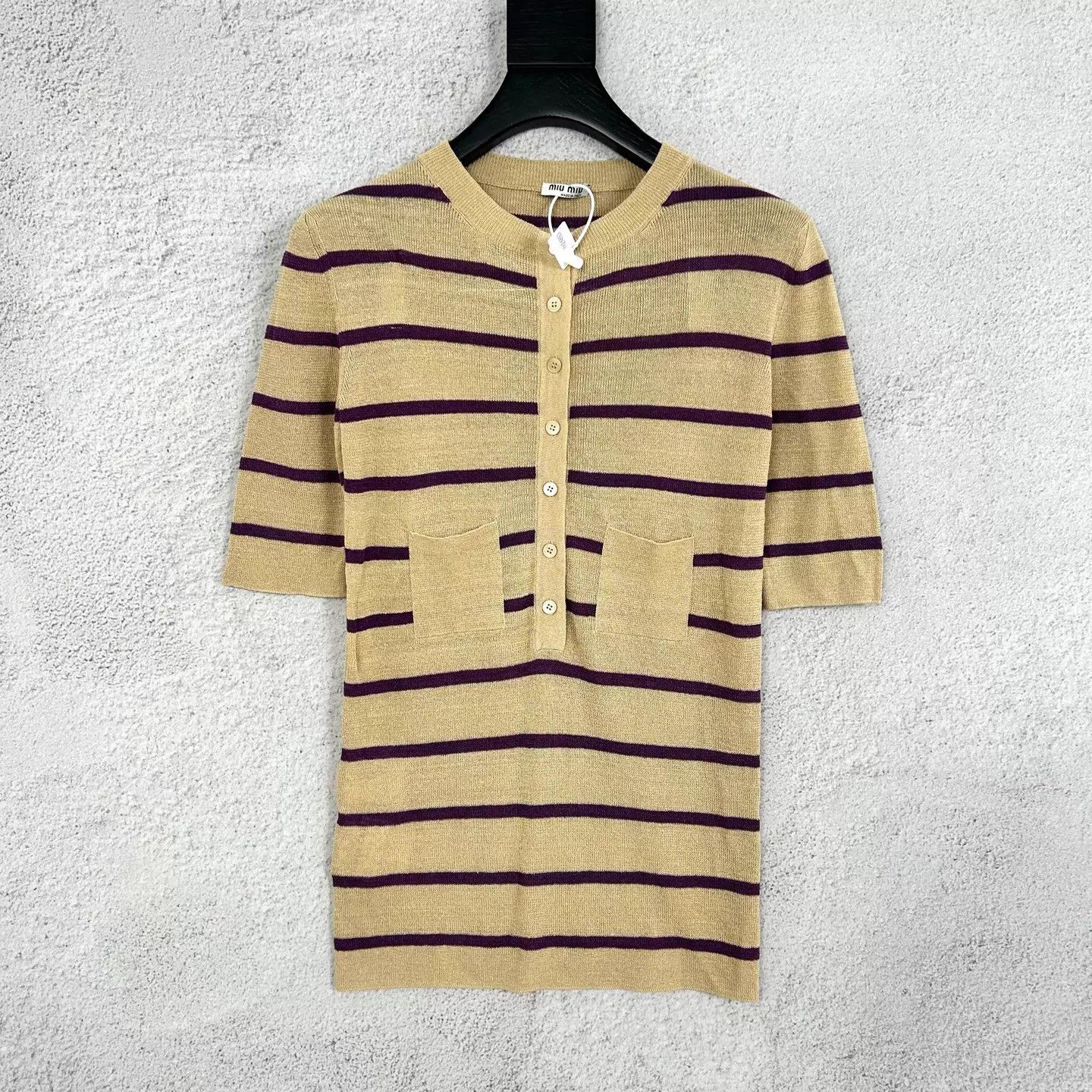 MIU MIU beige purple stripe colorblocked knit top