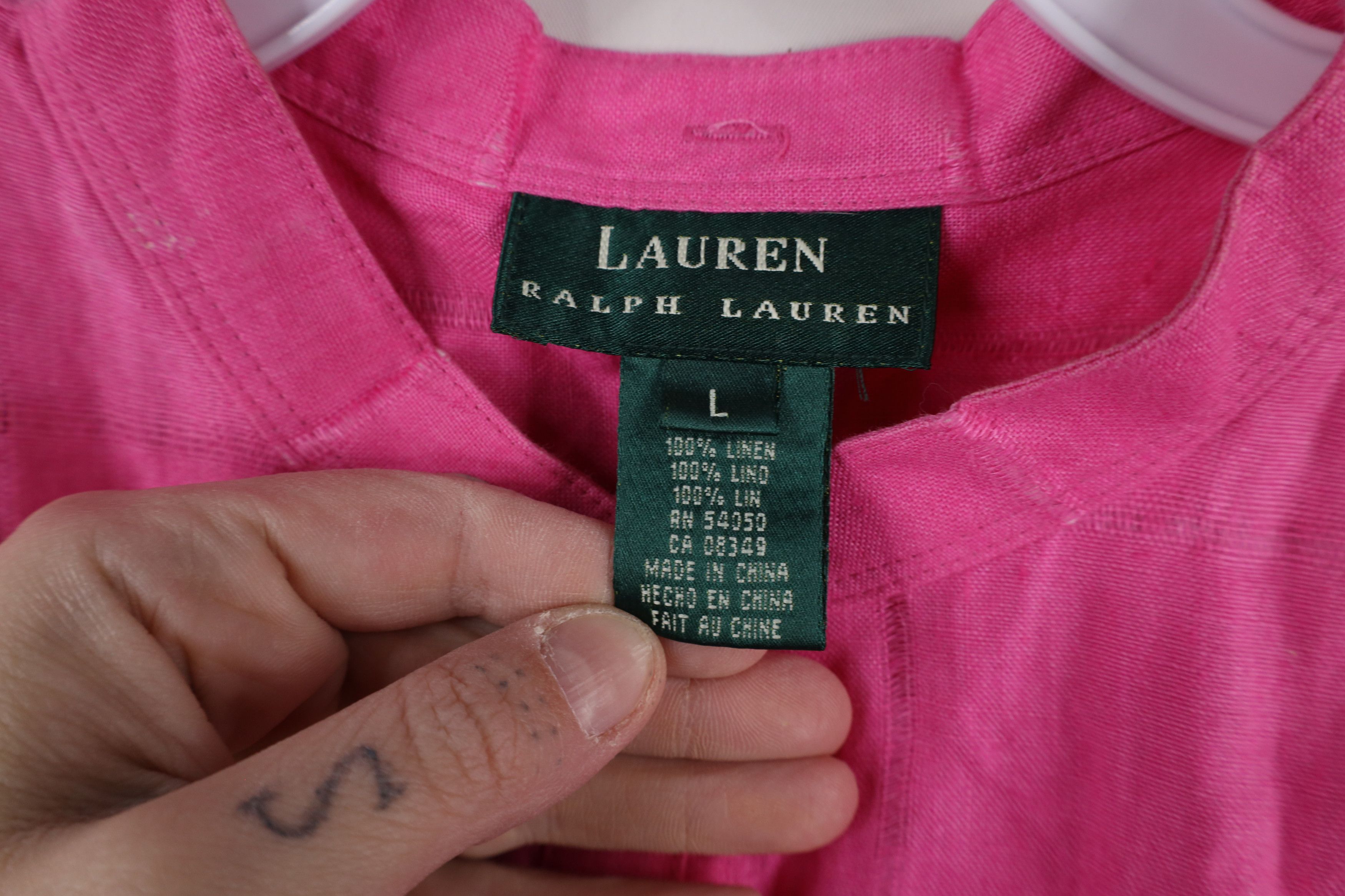 Ralph Lauren × Vintage Vintage 90s Ralph Lauren Linen Band Collar Button Shirt Pink Size L / US 10 / IT 46 - 7 Thumbnail