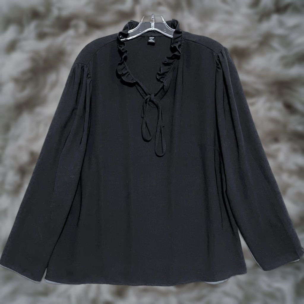 Shein Black Blouse Top 2XL Ruffle Tie Neck Whimsigoth Grunge Witchy Bohemian Workwear Formal Flowing Woman 2XL Black Blouse Top Womens Size XXL / US 16-18 / IT 52-54 - 1 Thumbnail