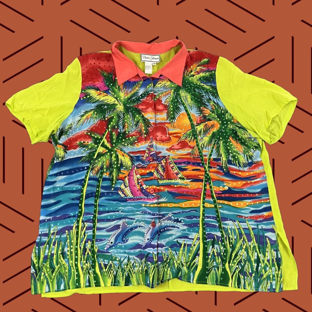 Vintage Diane Gilman Button Up Shirt Womens 3X Sequin Hawaiian Tropical Silk Top Blouse Shirt Size XXL / US 16-18 / IT 52-54 - 1 Thumbnail