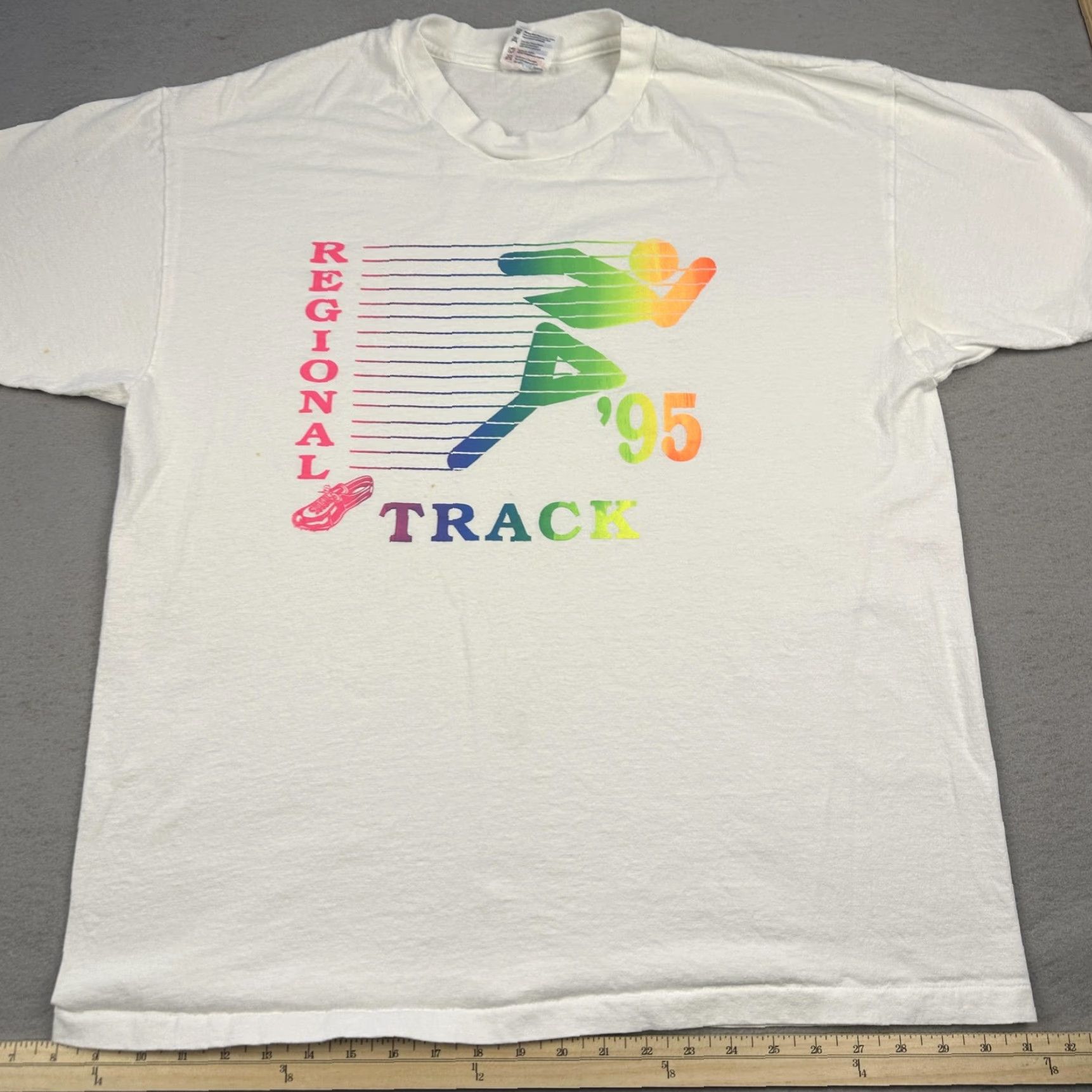 Hanes VINTAGE Regional Track Shirt Mens XL White 1995 Neon Rainbow Graphic Runner 90s Size US XL / EU 56 / 4 - 4 Thumbnail