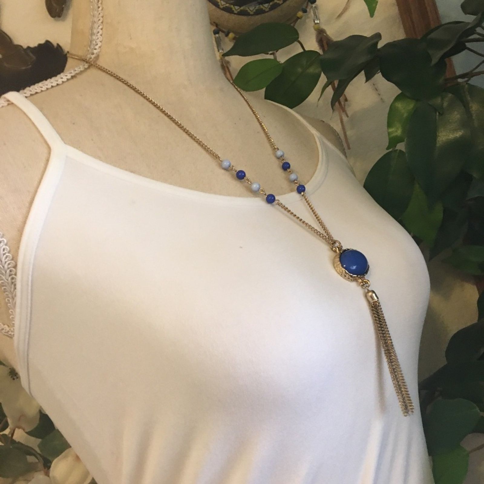 Jewelry Blue glass cabochon medallion fringe necklace Size ONE SIZE - 2 Thumbnail