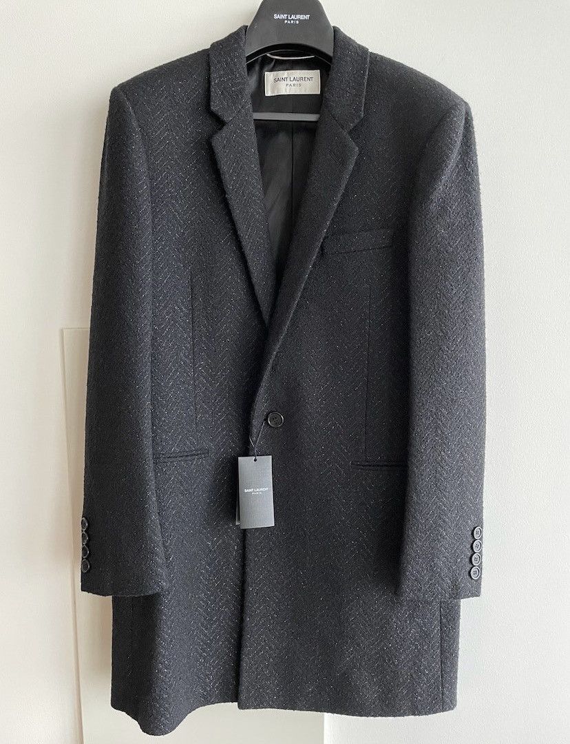 image of Saint Laurent Paris Saint Laurent Hedi Slimane 4500$ Glitter Lurex Wool Coat in Black (Size Medium)
