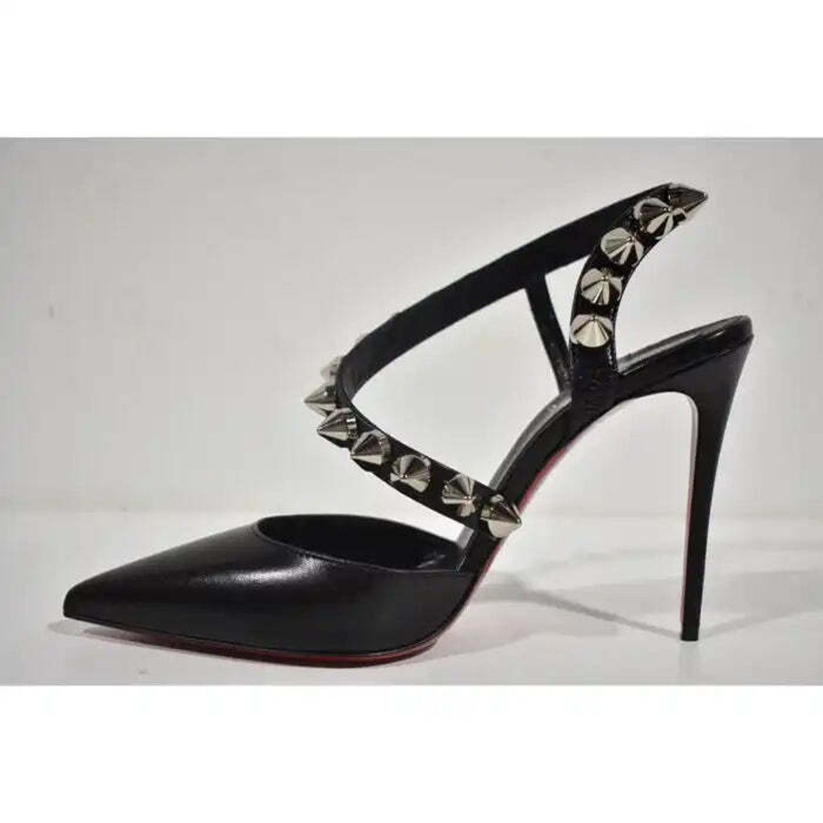 Christian Louboutin Spikita Pump 100 Black Silver Spike Strappy Sandal Heel 39 Size US 9 / IT 39 - 8 Thumbnail