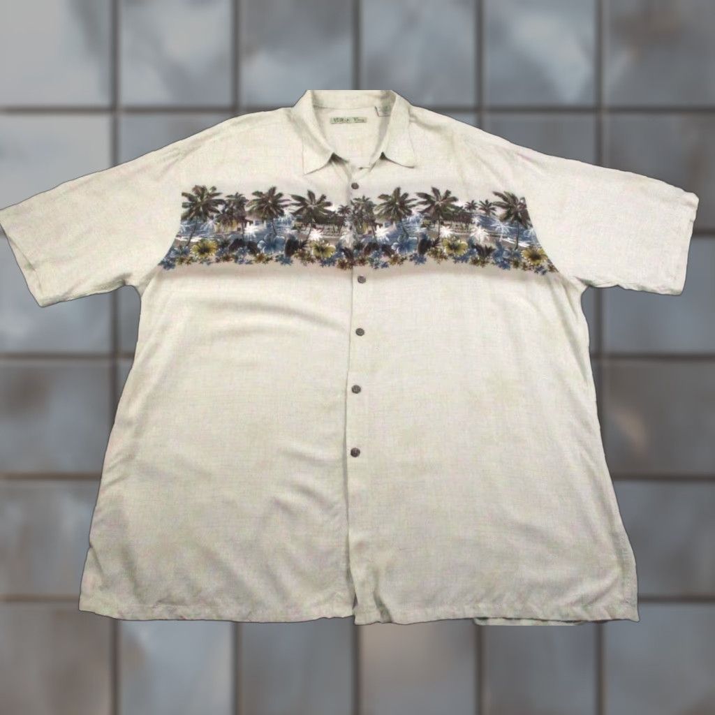 Vintage Batik Bay Shirt Mens 2XL Beige Rayon Hawaiian Aloha Tropical Palm Tree Print Shirt Size US XXL / EU 58 / 5 - 1 Thumbnail