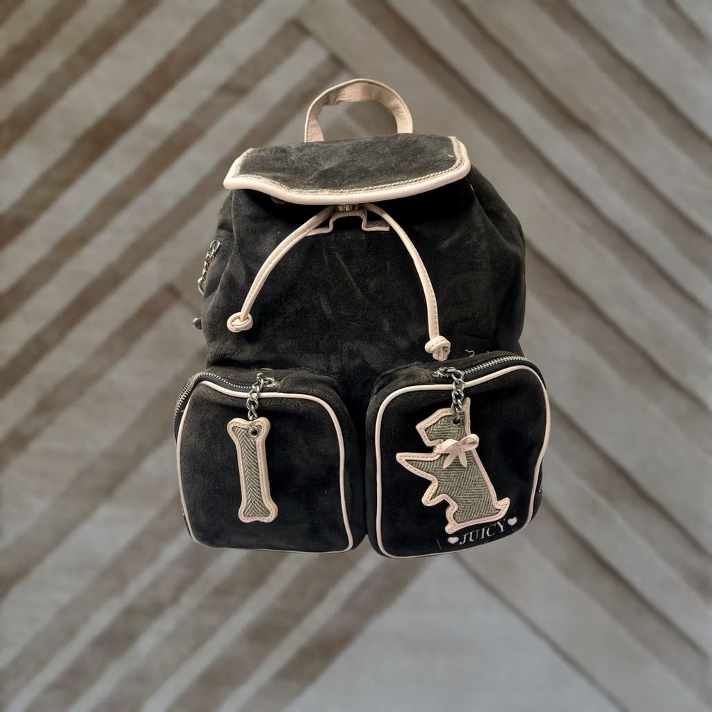 Juicy Couture VINTAGE Juicy Couture Backpack Velour Brown Dog Charms Silver Hardware Large Women Juicy Y2K Bag Backpack Womens Brown Velour Dog Theme 90s/2000s Size ONE SIZE - 1 Thumbnail