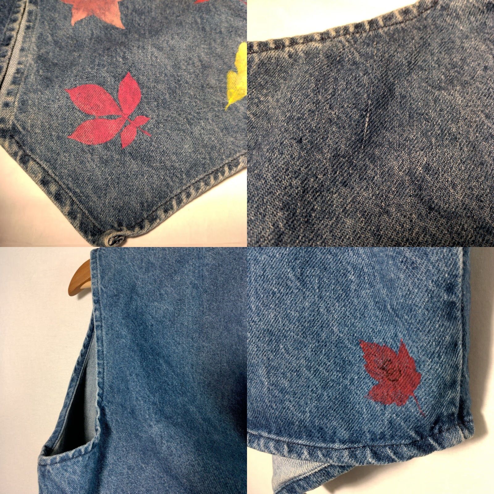 Denime VINTAGE Upcycled Jean Vest Women One Size Blue Denim Painted Leaves Fall Autumn Leaf Size 42" / US 20 - 9 Thumbnail