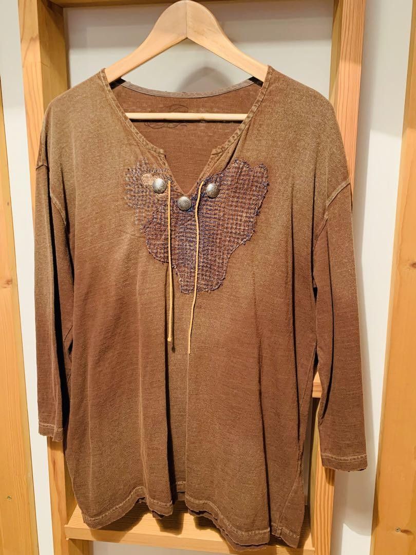 image of Kapital Distressed Sashiko Patchwork Long Sleeve Tee in Brown, Men's (Size XL)