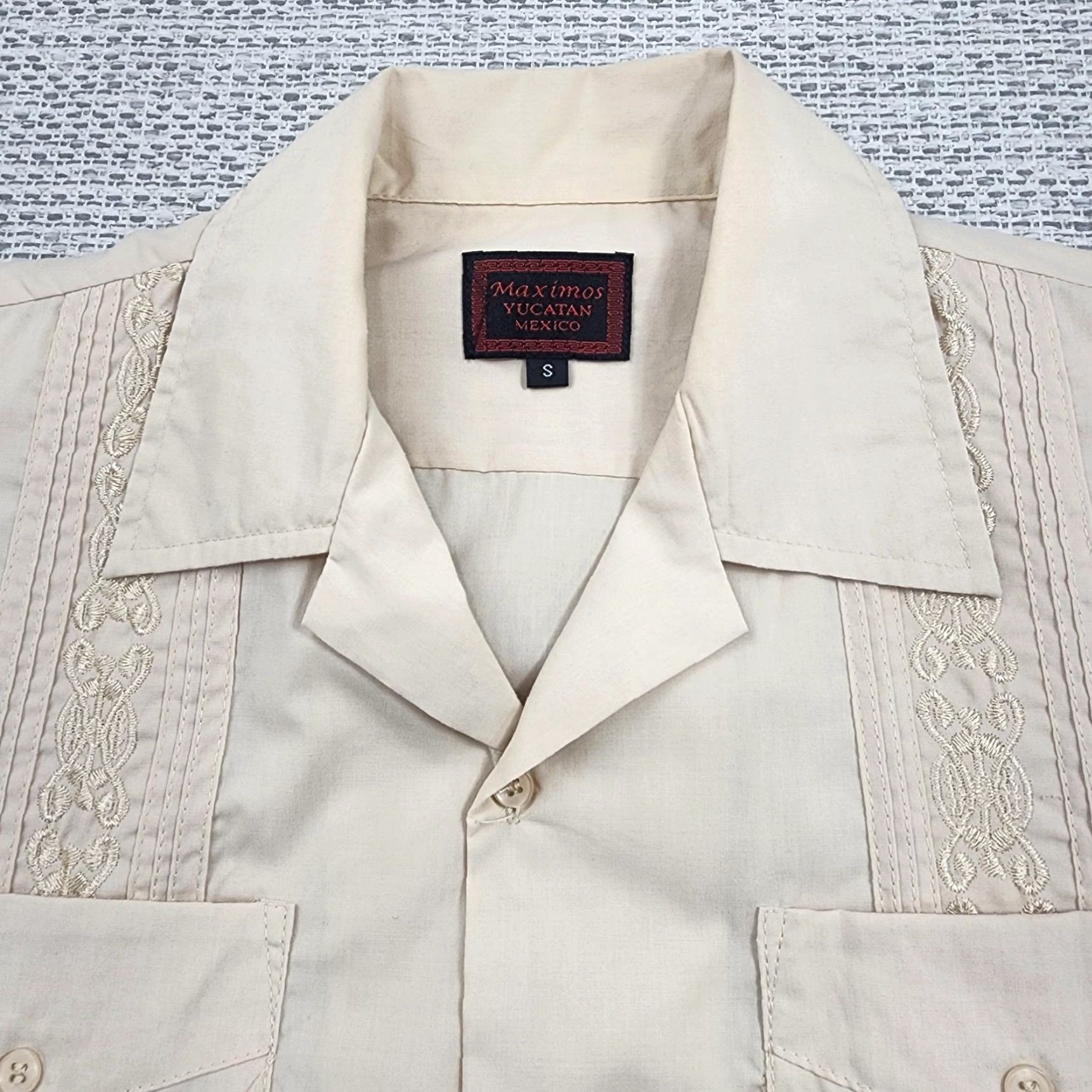 Vintage Maximos Yucatan Guayabera Shirt Mens Small Beige Embroidered Long Sleeve Mexico Size US S / EU 44-46 / 1 - 5 Thumbnail