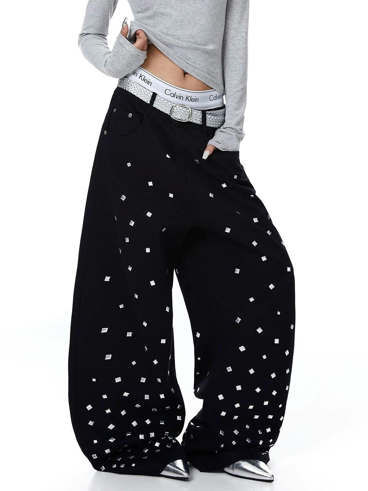 Other Square-Rivet Scatter Wide-Leg Black Denim Jeans Size US 30 / EU 46 - 3 Thumbnail