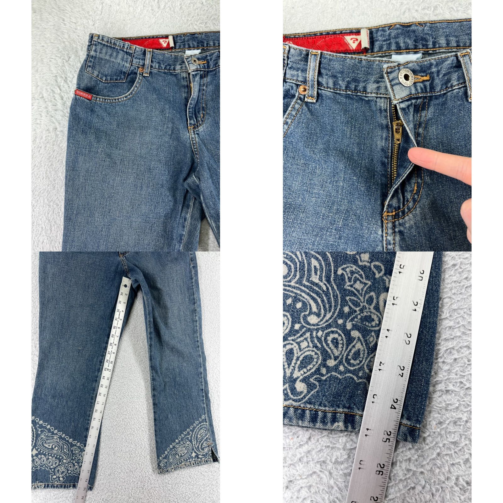 Guess GUESS Jeans Pants Women 30 Blue Denim Bootcut Floral Hem Pockets Crop 5-Pocket Design Inseam 25 Rise Mid Distressed Stretch Regular Jeans Womens Size 30" / US 8 / IT 44 - 8 Thumbnail