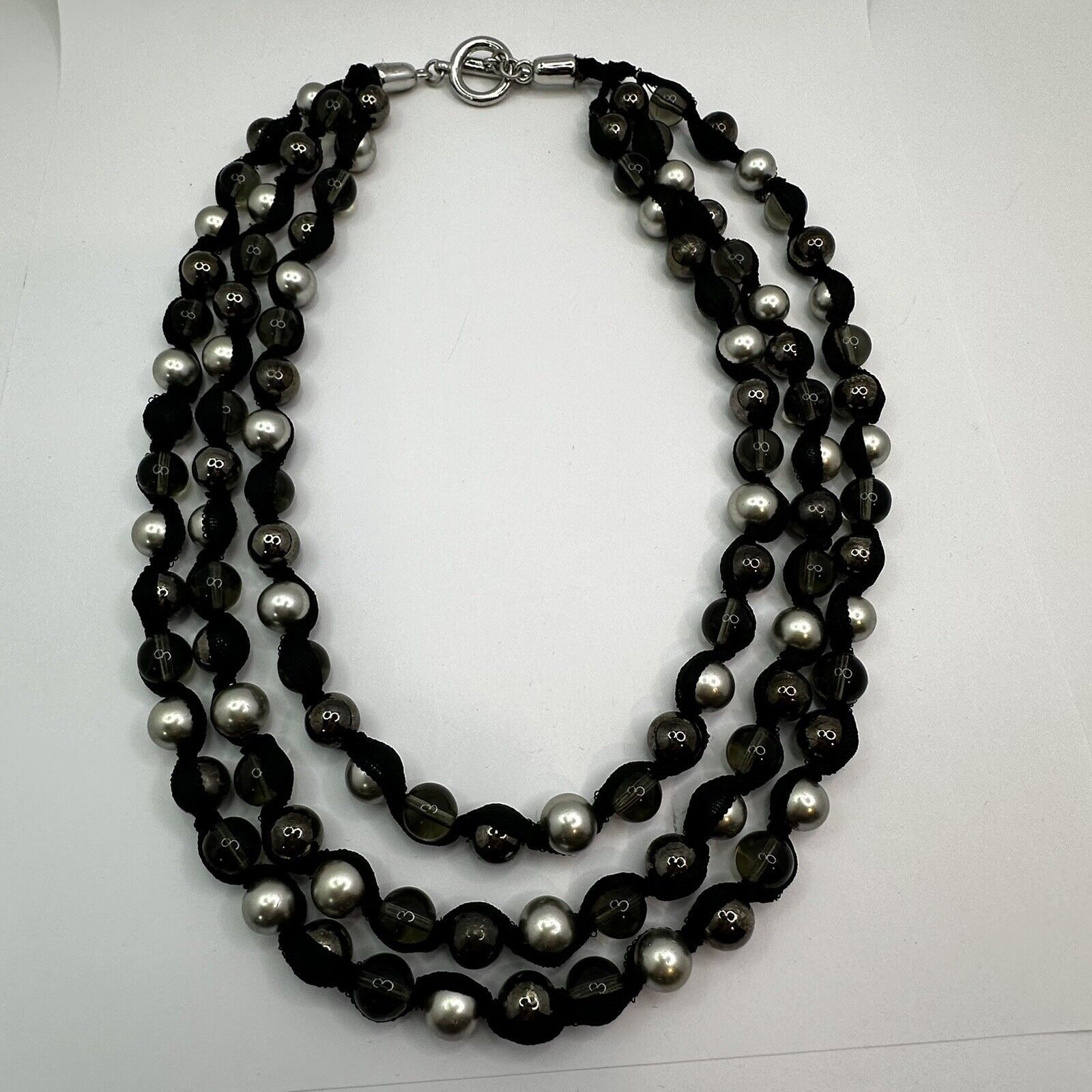 Other MultiStrand Ribbon Necklace Silver Blk Clear Glass Beads 22" Size ONE SIZE - 10 Thumbnail