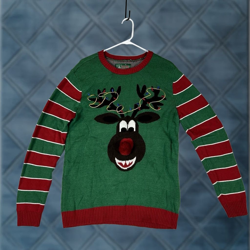 Vintage Women's Large Ugly Christmas Sweater Red Nose Reindeer Holiday Striped Size L / US 10 / IT 46 - 1 Thumbnail