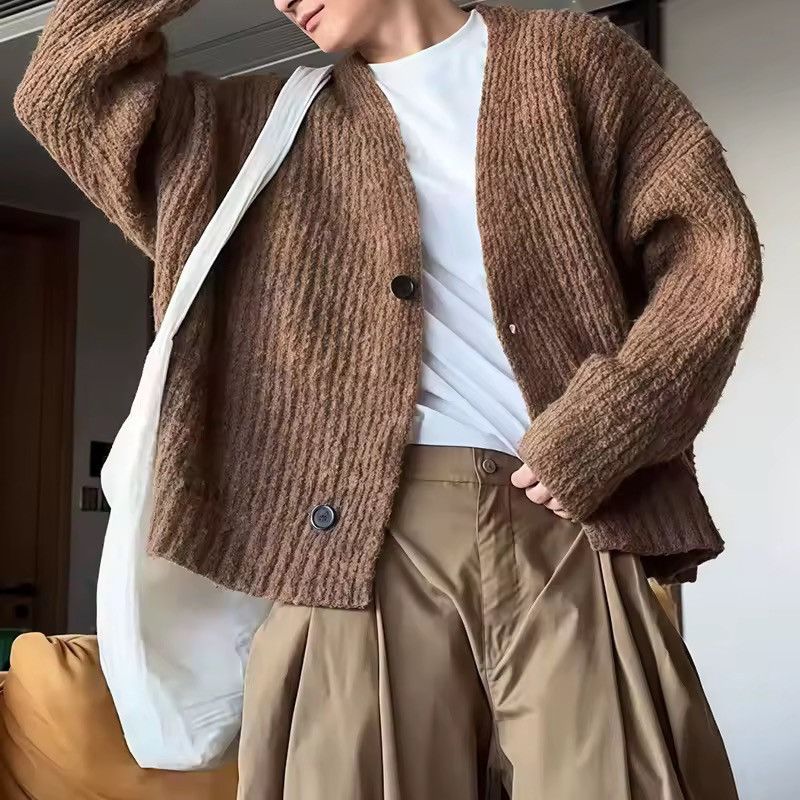 Other Knitted Casual Brown Cardigan Streetwear Solid V Neck Size US L / EU 52-54 / 3 - 2 Thumbnail