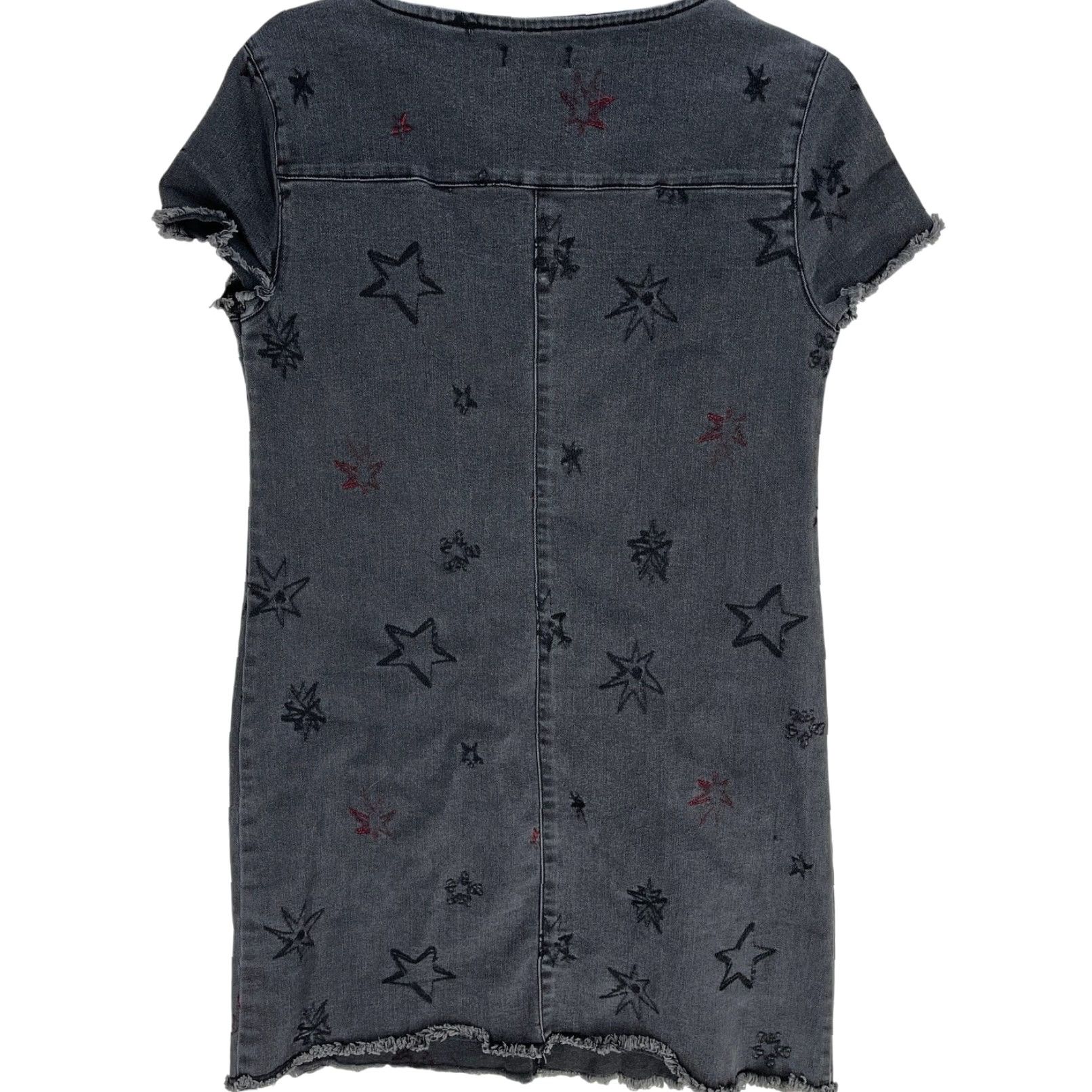 Denime Max Jeans Dress Women XS Gray Stars Short Sleeve Pockets Scoop Neck Y2K Grunge Skater Knee Length Size 26" / US 2 / IT 38 - 2 Thumbnail