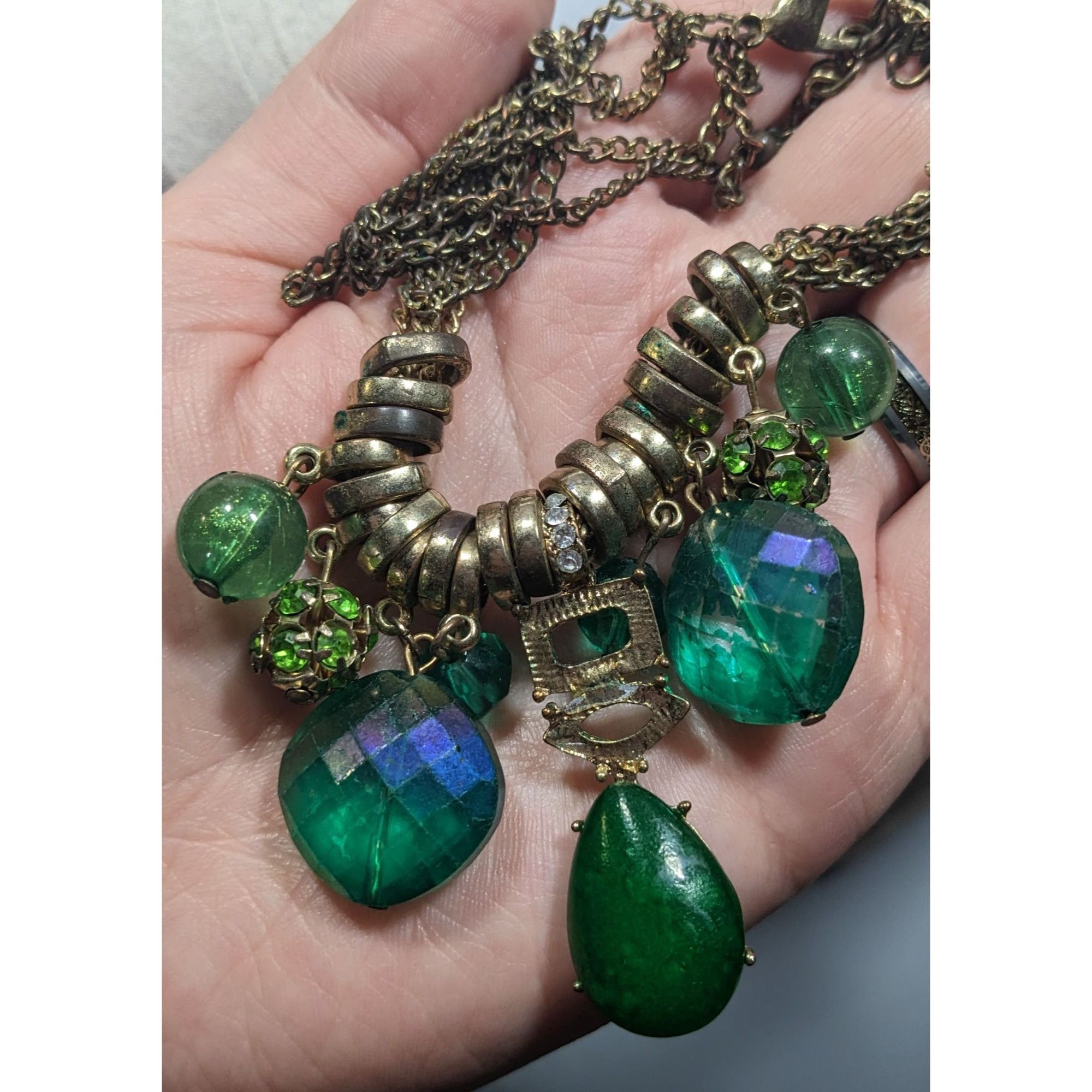 Other Vintage Whimsical Glam Green And Gold Tone Gemmed Necklace Size ONE SIZE - 4 Thumbnail