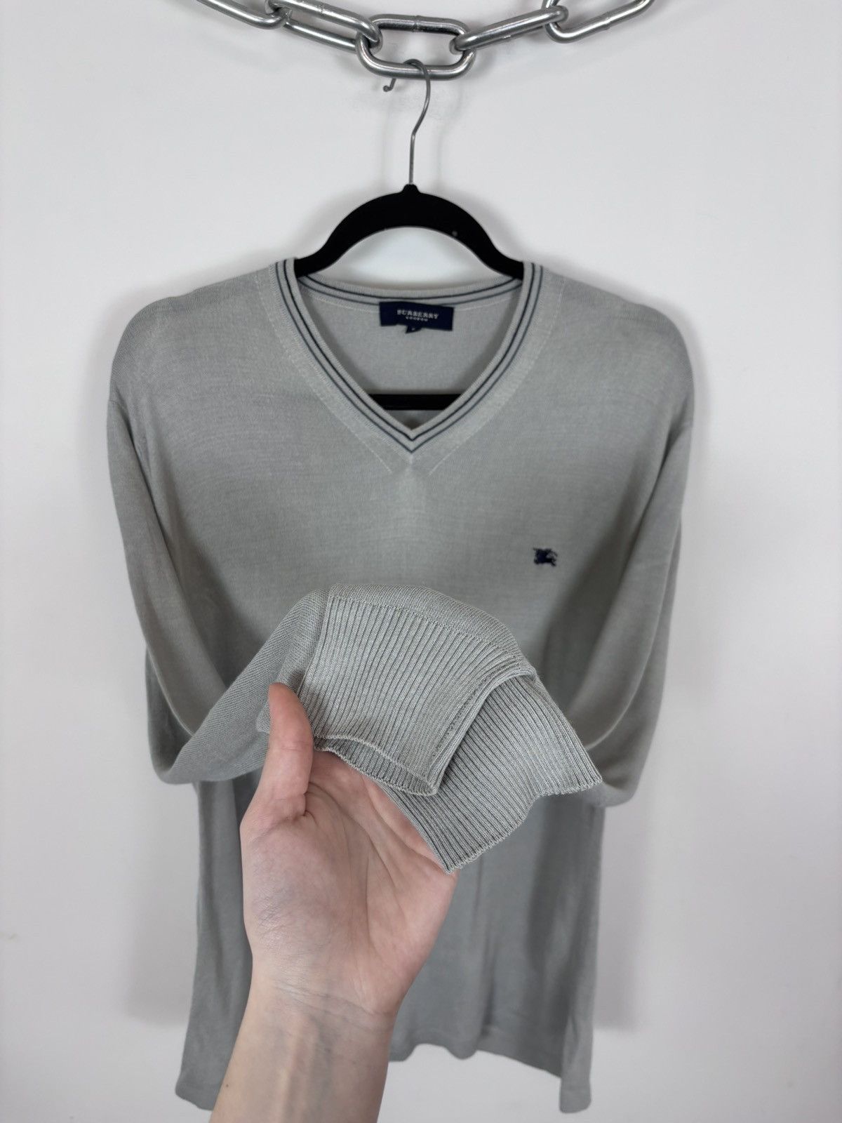 Burberry Burberry London Men’s Grey Viscose Blend V-Neck Sweater Size US M / EU 48-50 / 2 - 9 Thumbnail