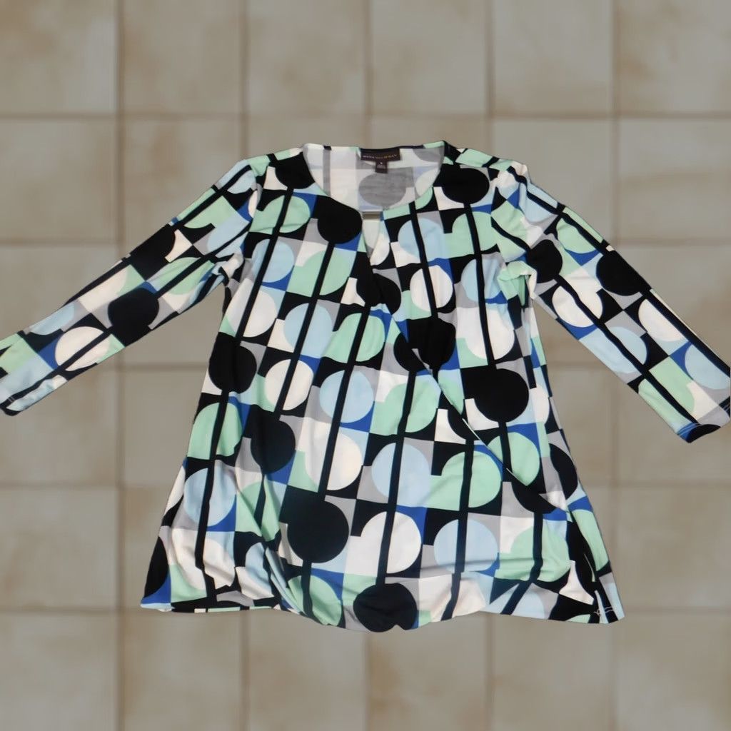 Vintage Dana Buchman Blouse Shirt Womens Small Green Crew Neck Pullover Stretch Dot Pattern Casual Regular Short Sleeve Button Detail Vintage No N/A Size S / US 4 / IT 40 - 1 Thumbnail