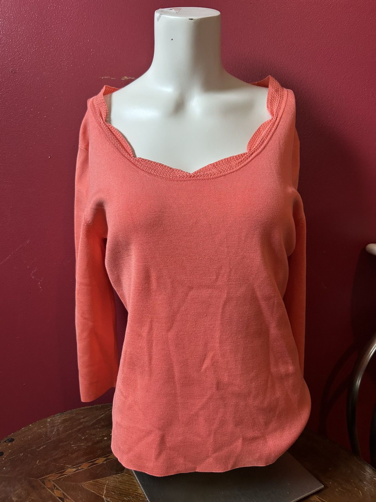 Ann Taylor Ann Taylor Coral Lace Trim Large Long Sleeve Top Size L / US 10 / IT 46 - 1 Thumbnail