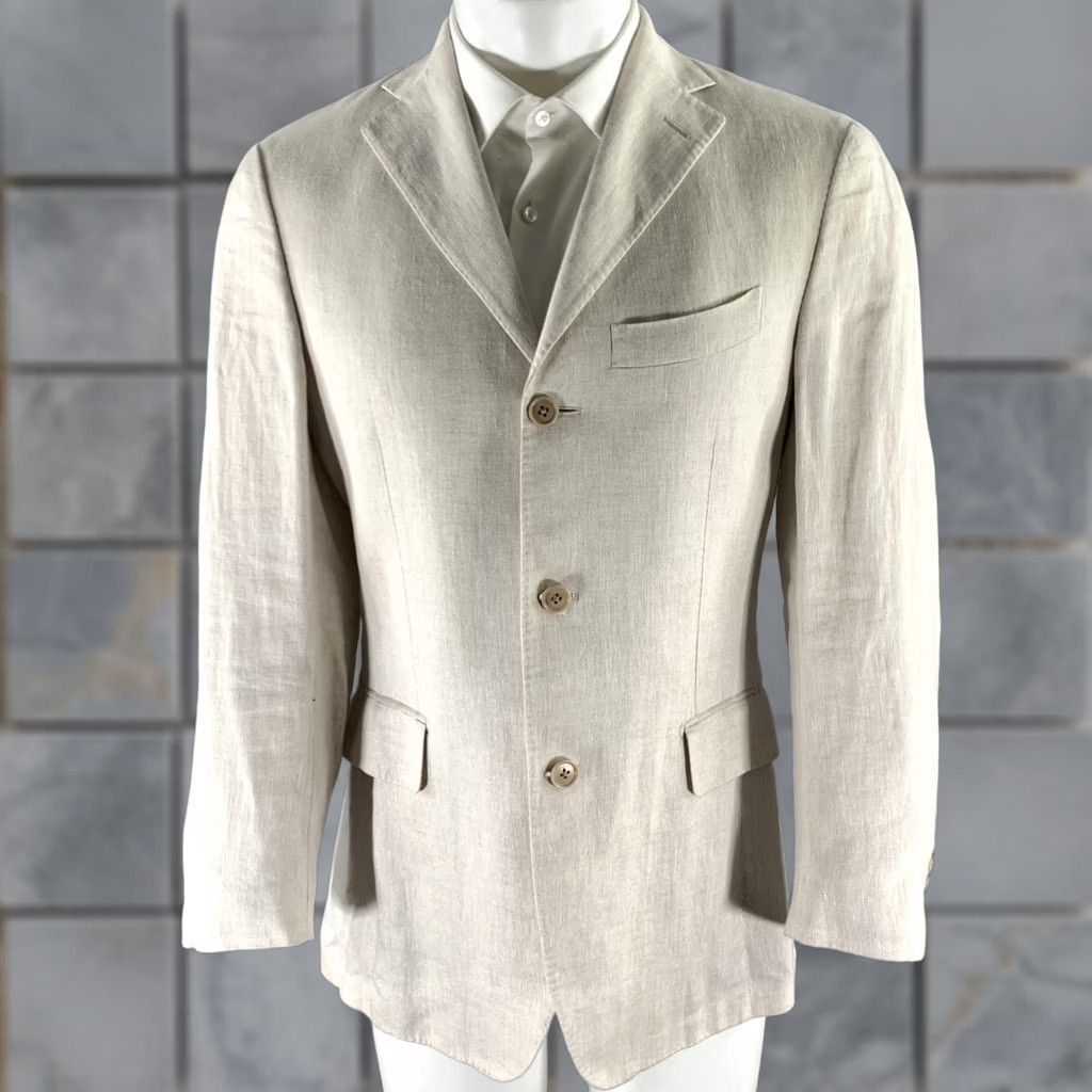 Salvatore Ferragamo SALVATORE FERRAGAMO Sport Coat Blazer 38 Cream Herringbone Linen Men Chest 39 Notch Lapel Italy Size 38R - 1 Thumbnail