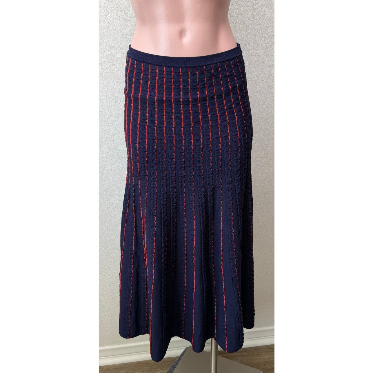 Zara Zara Women Navy Red Striped Knit Midi Skirt US S Size 24" / US 00 / IT 34 - 2 Thumbnail