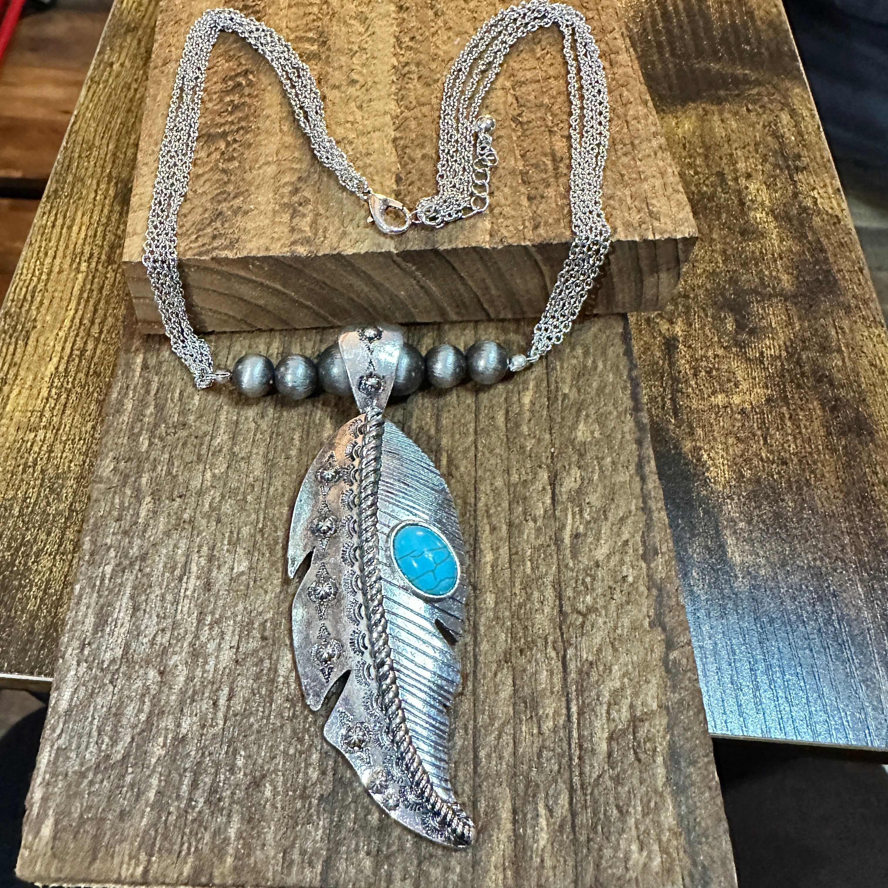 Other Large Feather Pendant Western Necklace and Earrings Set Size ONE SIZE - 1 Thumbnail