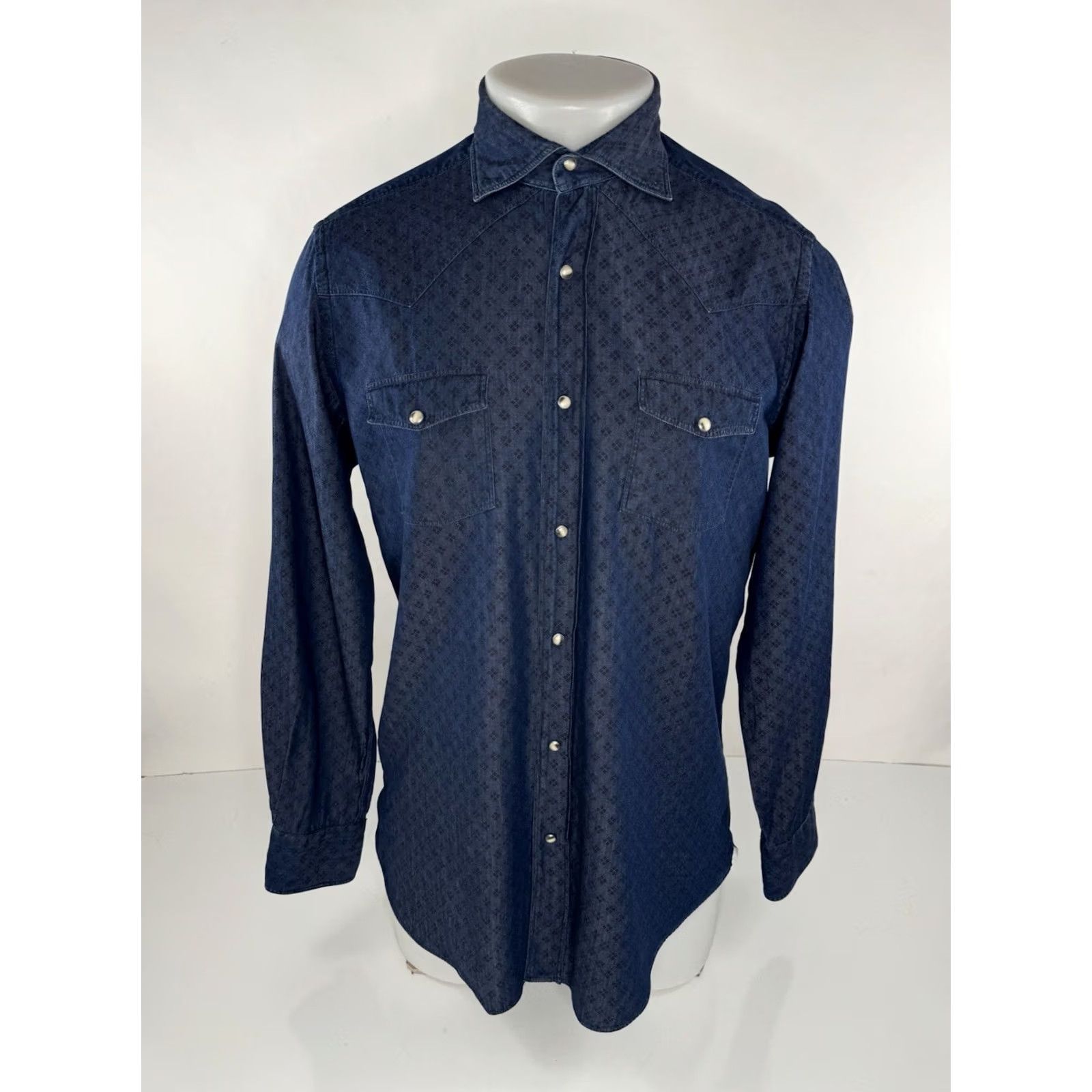 Vintage GIANNETTO PORTOFINO Western Geometric Pearl Snap M Shirt Mens Blue Button-Up Long Sleeve Snaps Geometric 90s Theme M Womens? Size US M / EU 48-50 / 2 - 2 Thumbnail