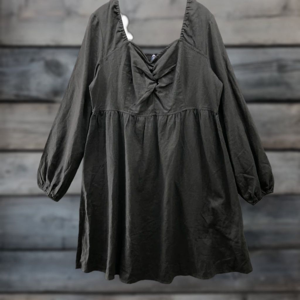 Vintage Kiabi Linen Blend Long Sleeve Dress XL Black Knee Length Smocked Sweetheart Dress Women Size XL / US 12-14 / IT 48-50 - 1 Thumbnail