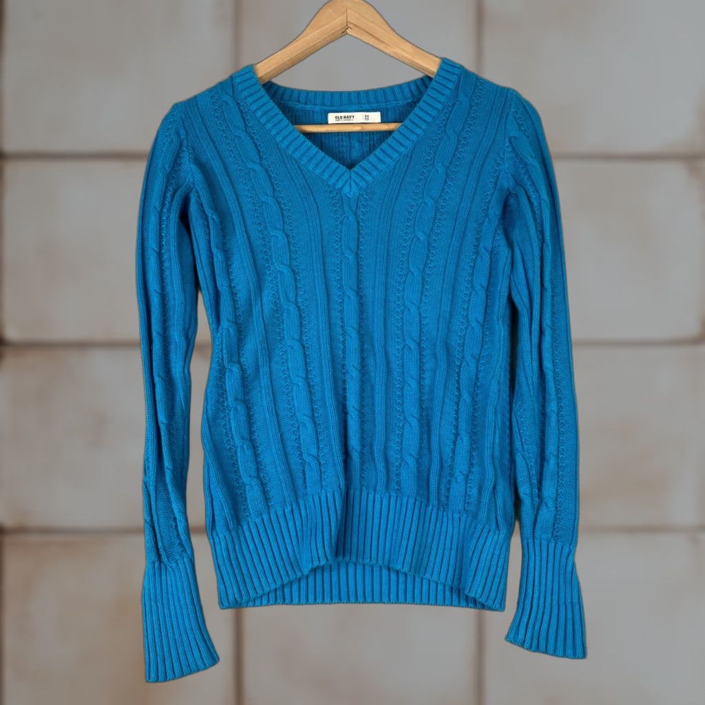 Old Navy VINTAGE Old Navy Cable Knit Sweater Womens XS Blue V Neck Cotton Pullover Size XS / US 0-2 / IT 36-38 - 1 Thumbnail