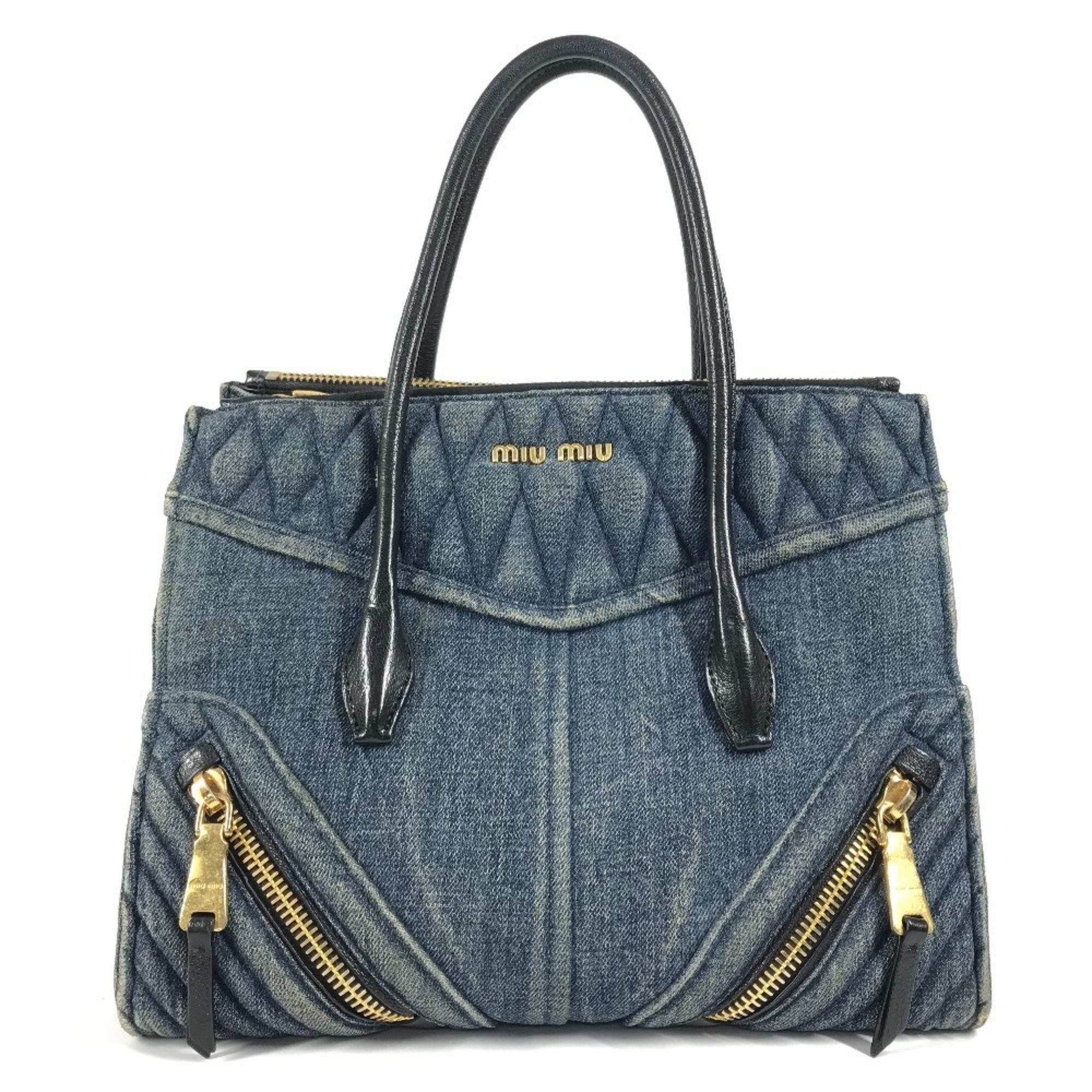 Miu Miu Logo Biker Handbag Bag Tote Denim Women's Blue in Black