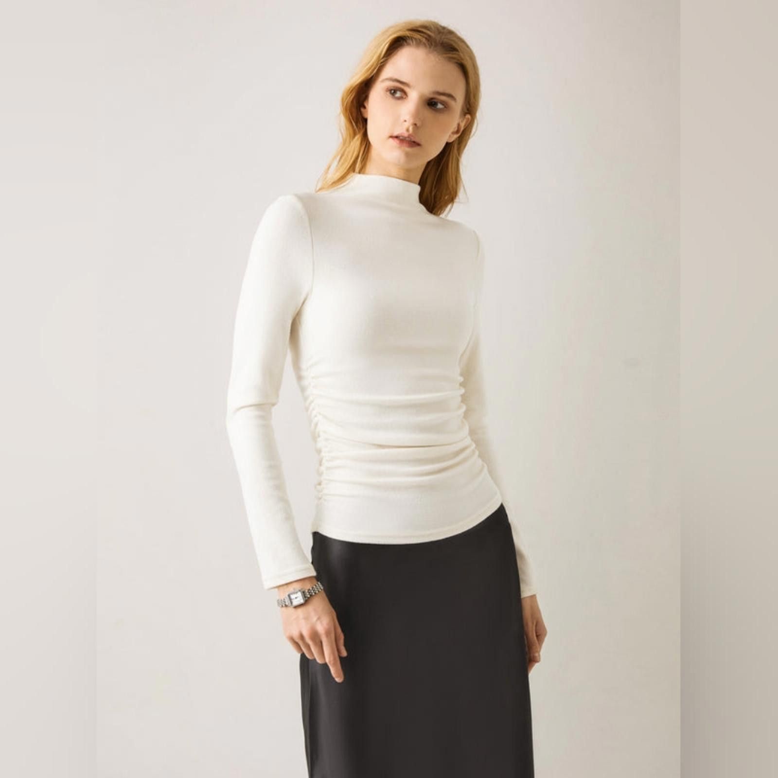 Designer Mid Thermal Ruched Sides Tuckable Mockneck Top - Off White Size M / US 6-8 / IT 42-44 - 7 Thumbnail