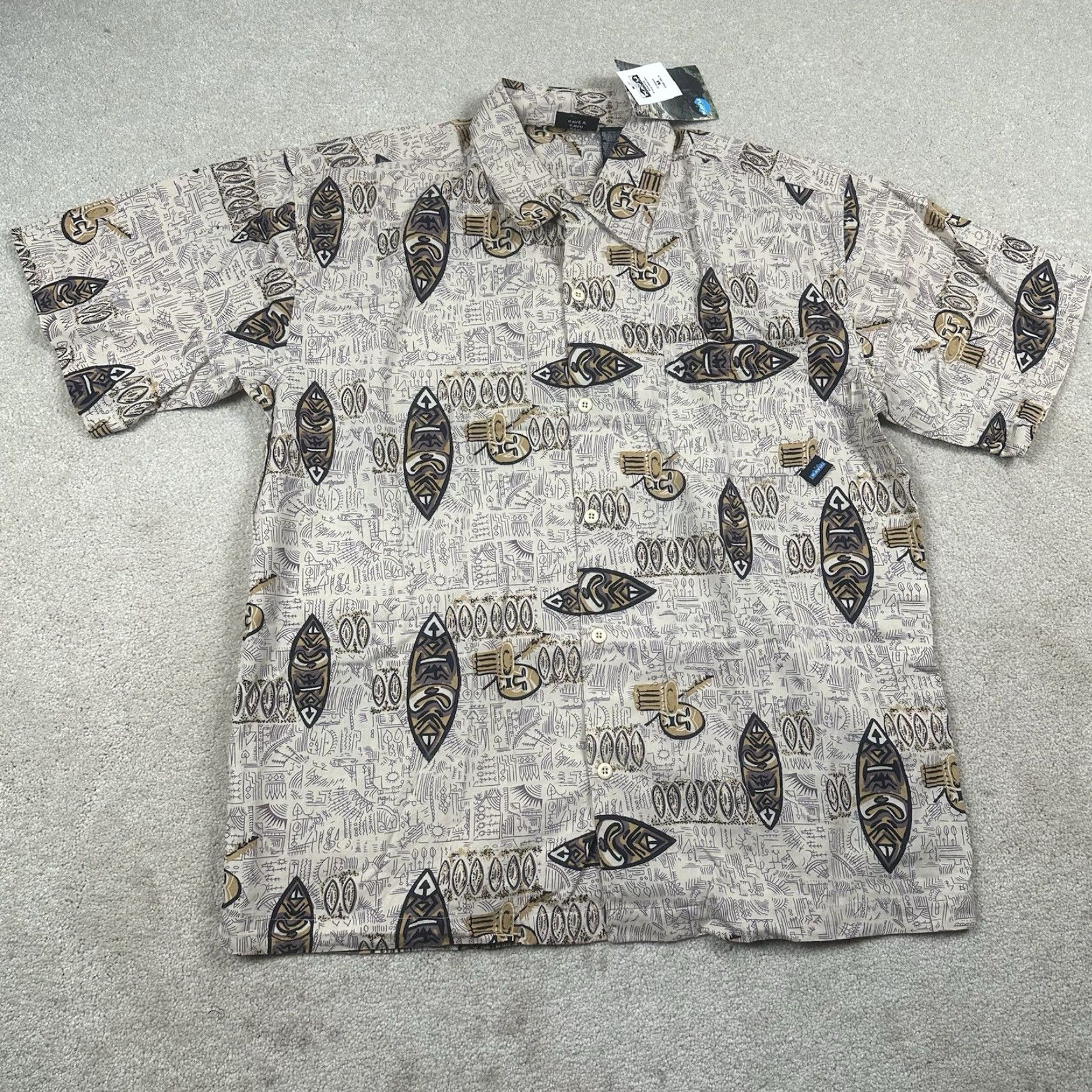 KAVU KAVU Button-Up Shirt Mens Medium Beige Polynesian NWT Casual Collared Short Sleeve Size US M / EU 48-50 / 2 - 2 Thumbnail