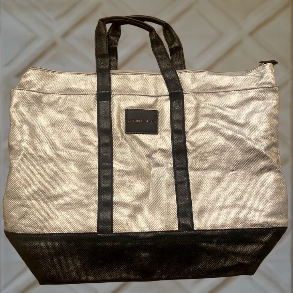 Victoria's Secret Victoria's Secret Tote Bag Weekender X-Large Silver/Black PVC Logo Buttons Zip Size ONE SIZE - 1 Thumbnail