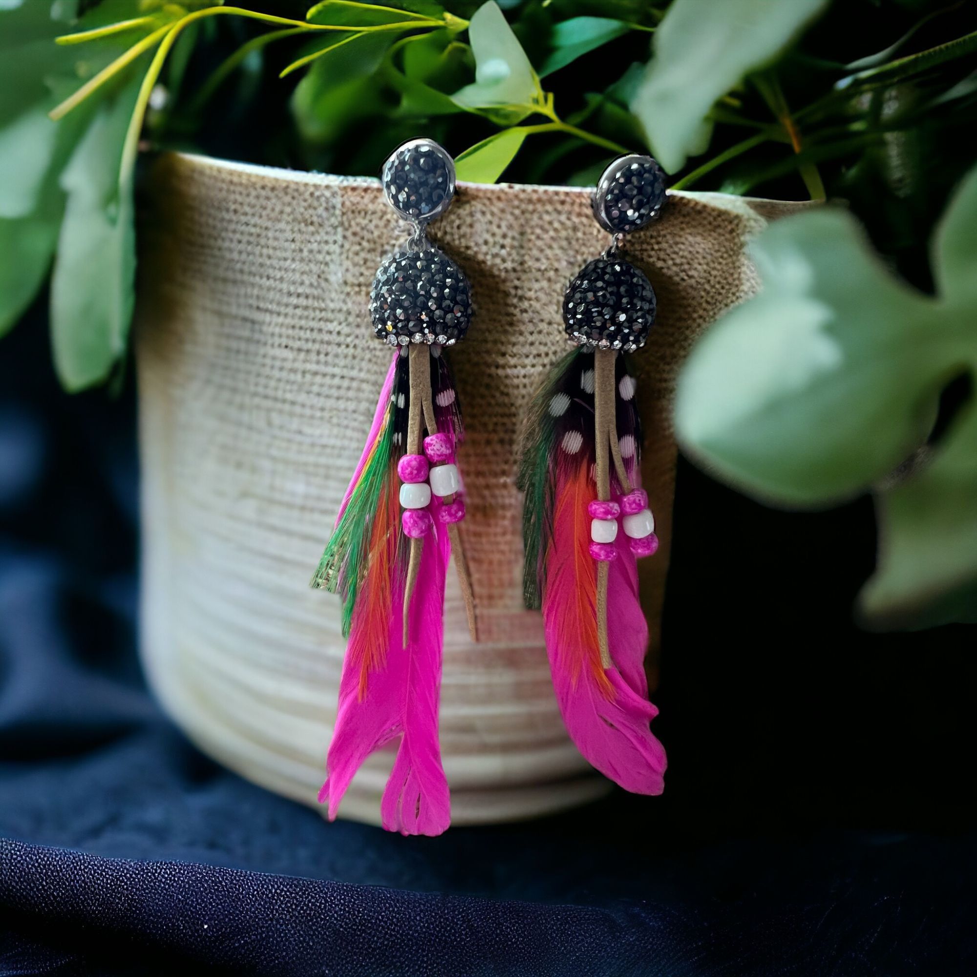 Other Feather Boho Glitz Pierced Earrings Bright Pink Beads Rhines Size ONE SIZE - 1 Thumbnail