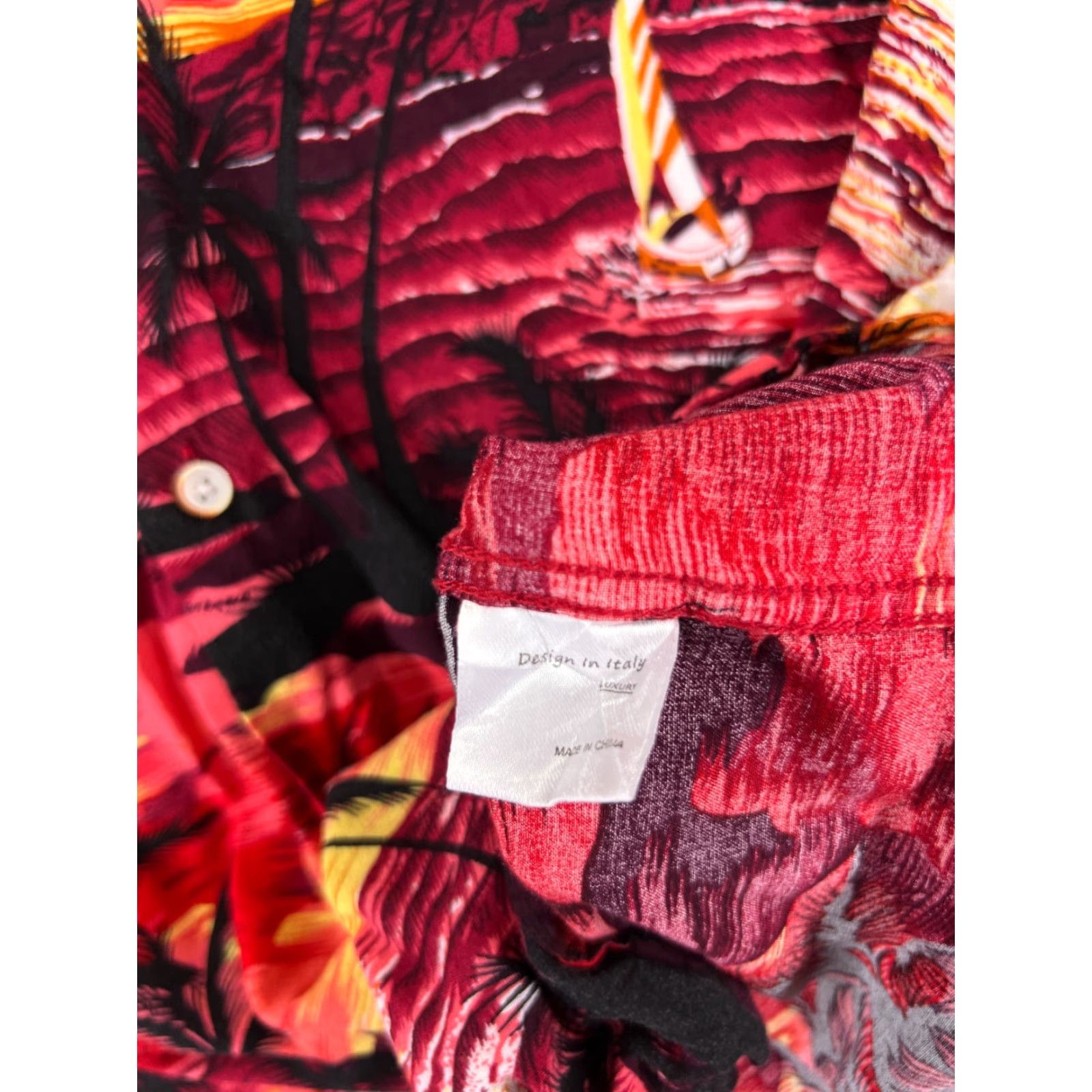 Vintage Design In Italy Shirt Adult Large Red Orange Hawaiian Island Sunset Palm Print Shirt Men Regular Red Hawaiian Floral Short Sleeve Button-Up 70s? Size US L / EU 52-54 / 3 - 7 Thumbnail