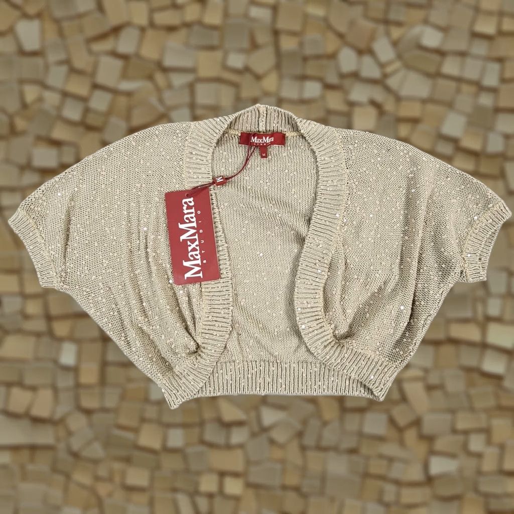 Vintage Weekend Max Mara Cardigan Womens Cropped Sequin Bolero Beige Medium V-Neck Short Sleeve Knit Jumper Size M / US 6-8 / IT 42-44 - 1 Thumbnail