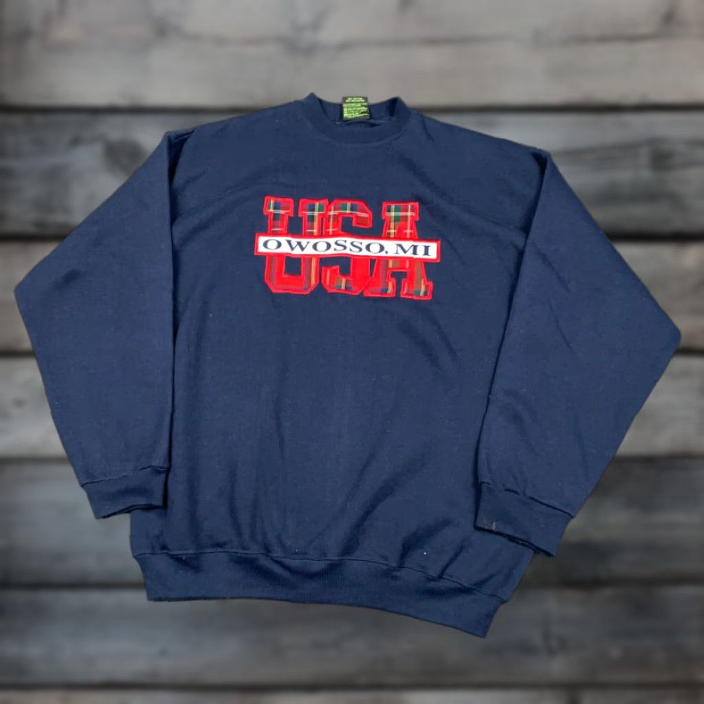 Vintage VTG 90s Owosso Michigan Embroidered Sweatshirt Dark Blue XL Mens 50-50 USA Made TSI Size US XL / EU 56 / 4 - 1 Thumbnail